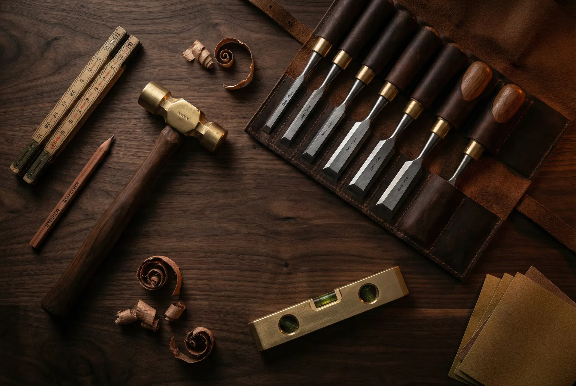 Premium carpentry tools arranged on dark walnut workbench - chisels, hammer, spirit level, and wood shavings