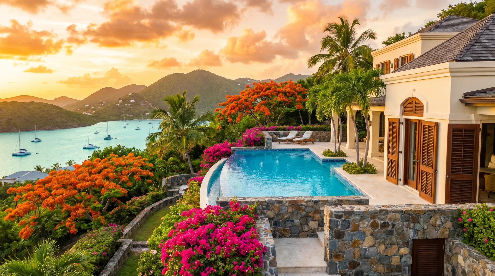 Villa Marisol aerial view at sunset with pool and Friendship Bay, Bequia
