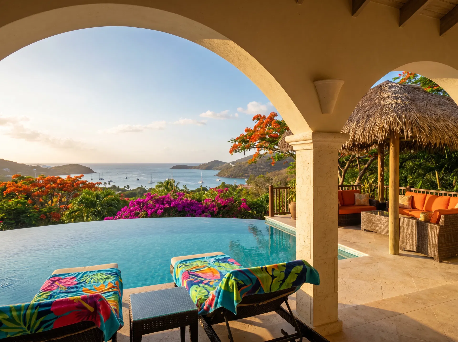 Villa Marisol pool through arch with Caribbean bay view