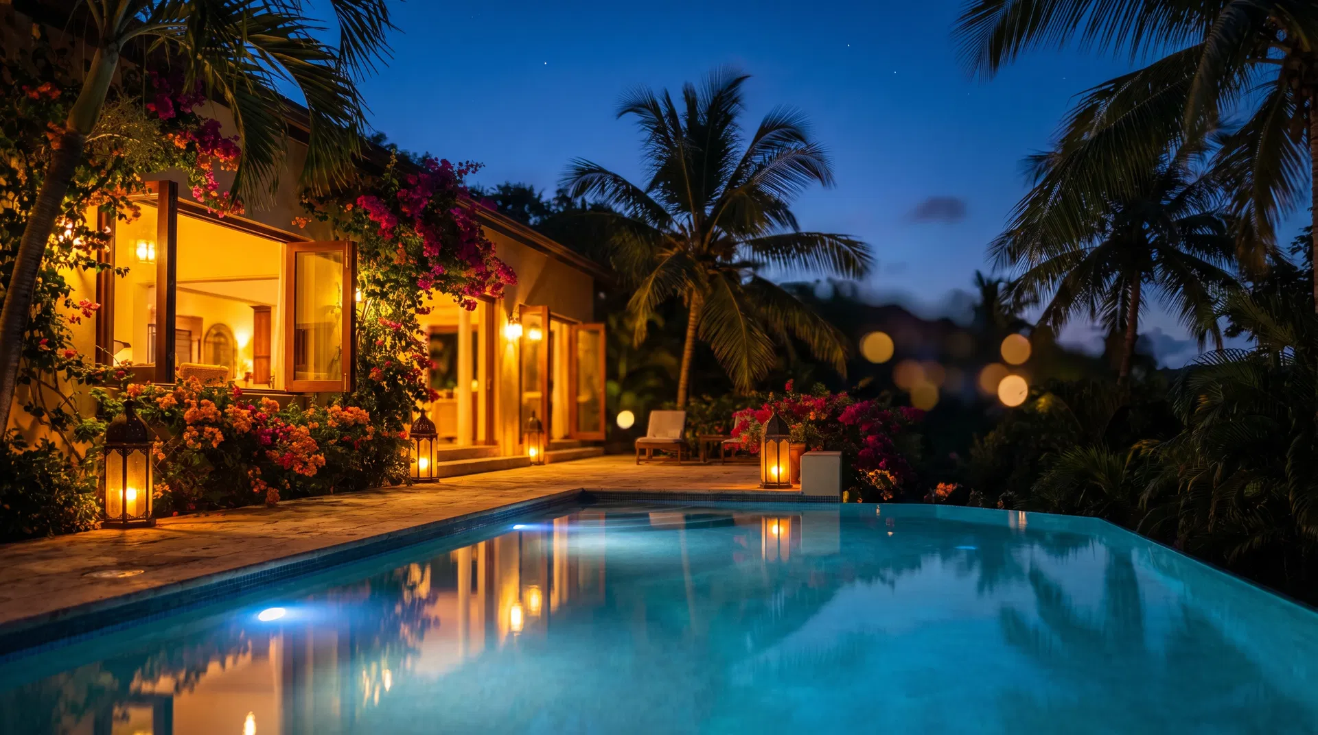 Villa Marisol at night with illuminated pool and tropical garden