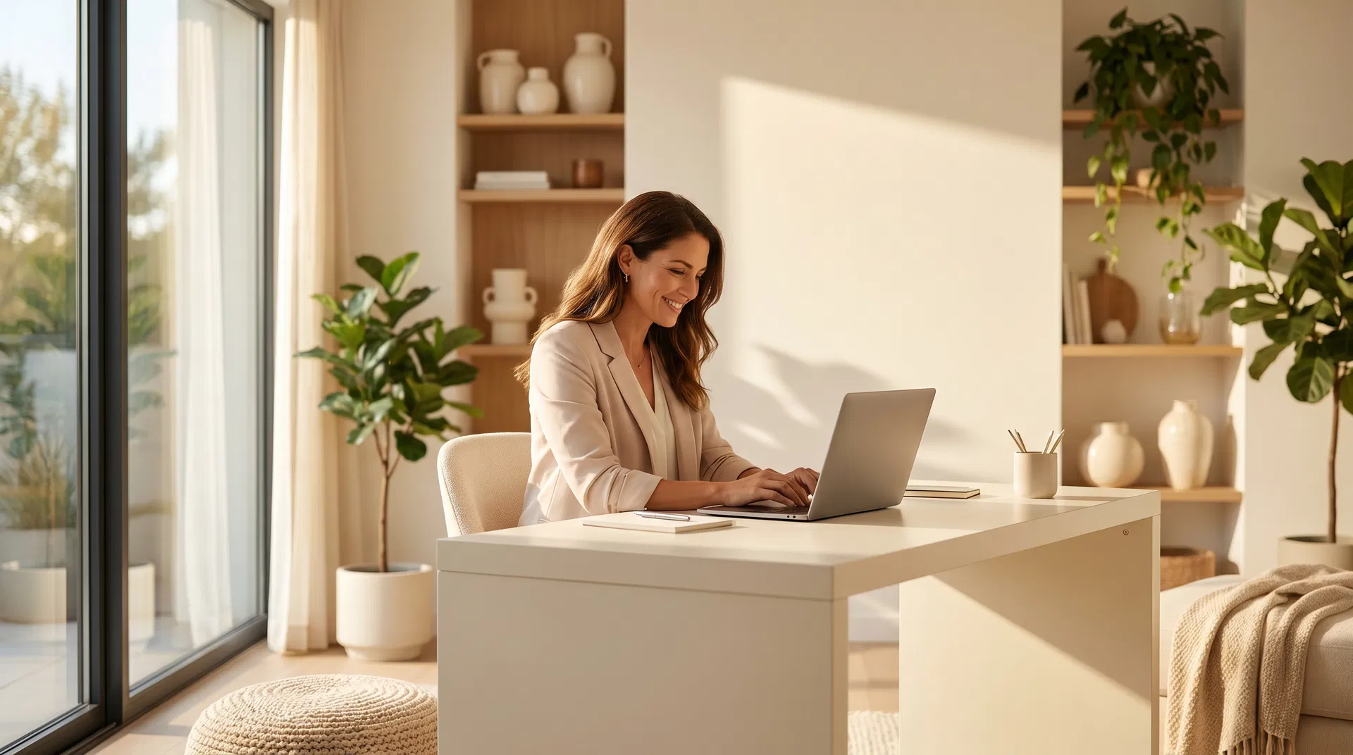 Professional virtual assistant working at a bright, modern home office