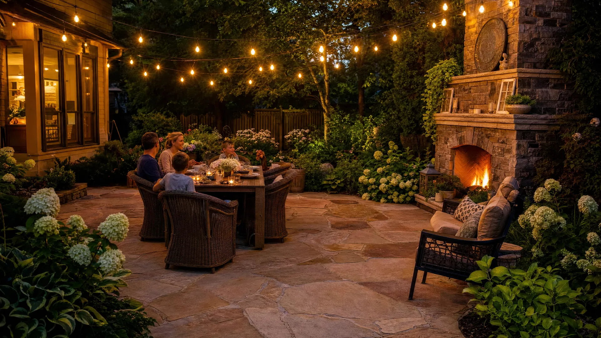 Beautiful backyard patio with fireplace by Zedo Construction