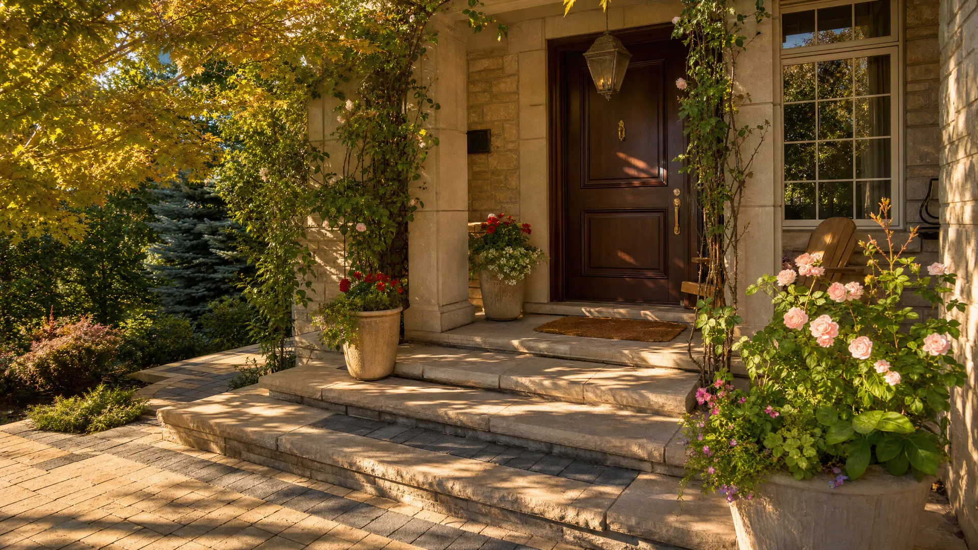 Natural stone front porch and entrance steps by Zedo Construction