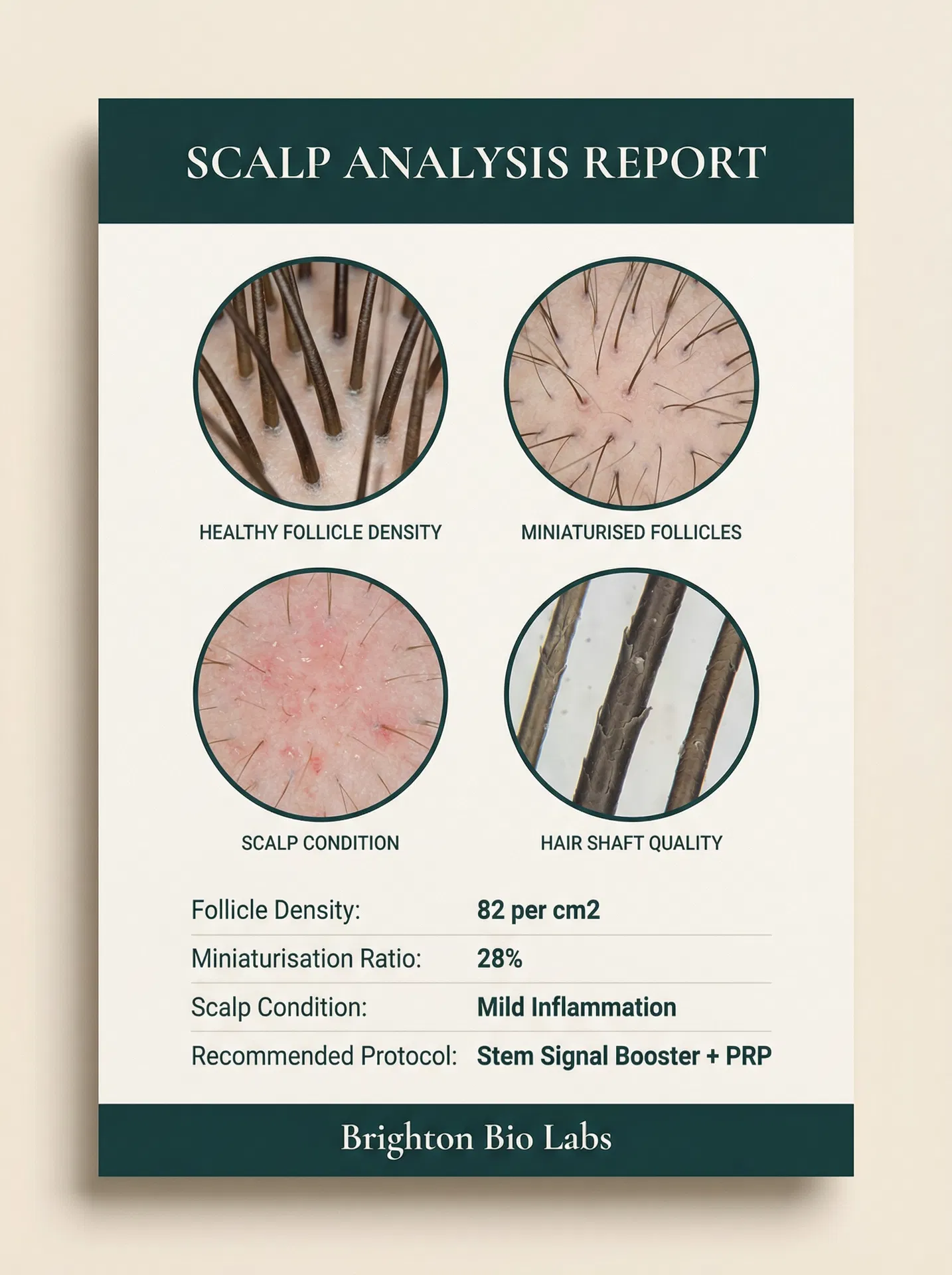 Sample Scalp Analysis Report from Brighton Bio Labs showing follicle density, miniaturisation ratio, and recommended treatment protocol