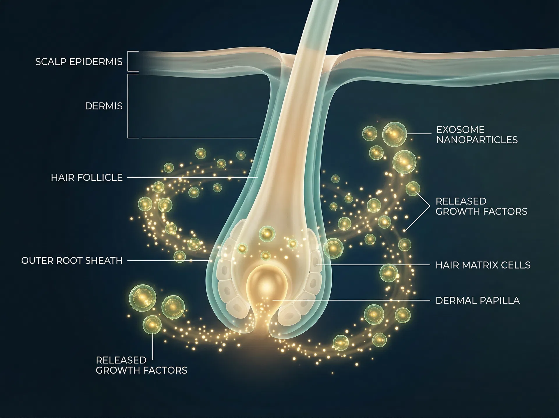 3D medical illustration of stem cell exosomes stimulating a hair follicle at Brighton Bio Labs