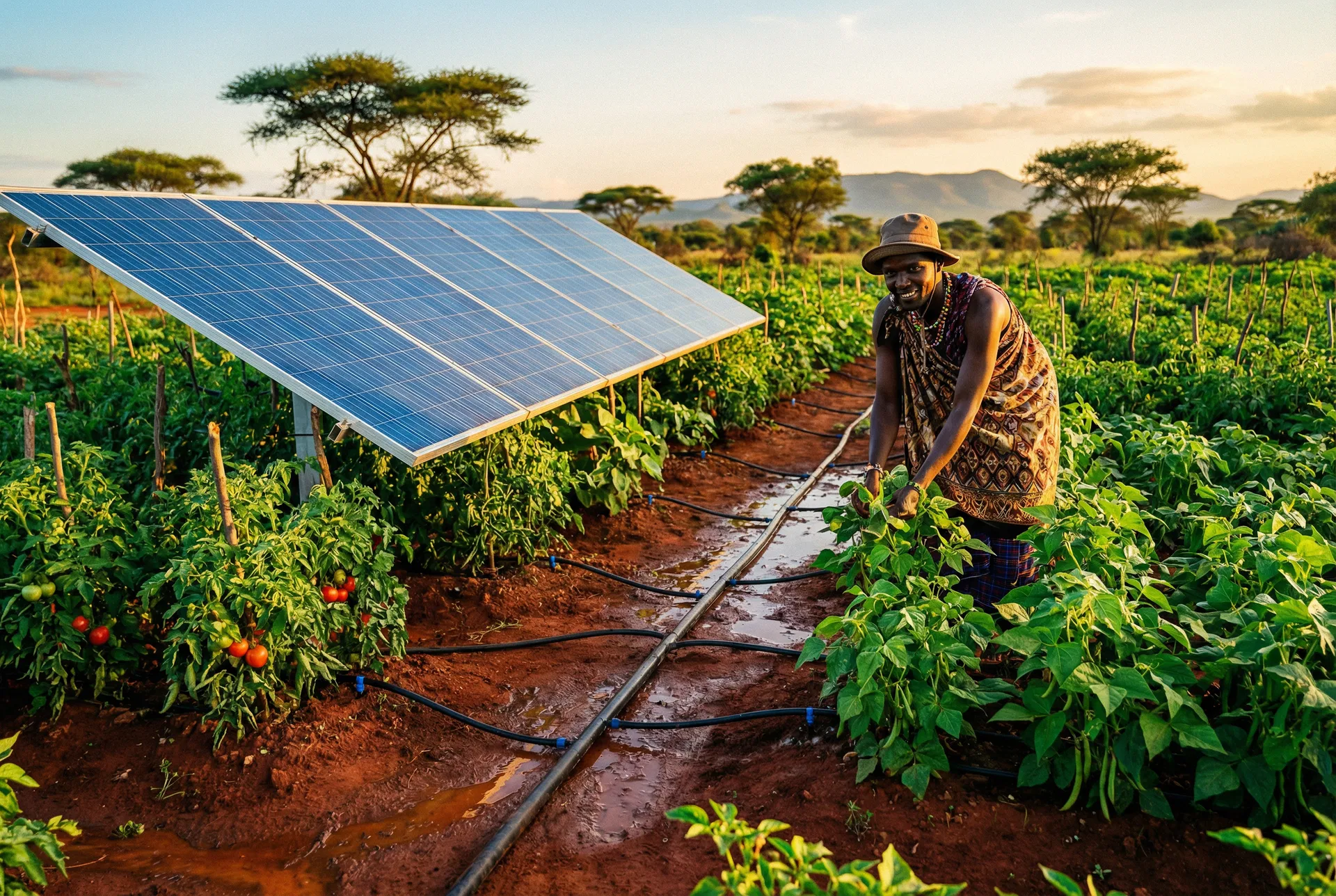 Farmer working with solar-powered irrigation