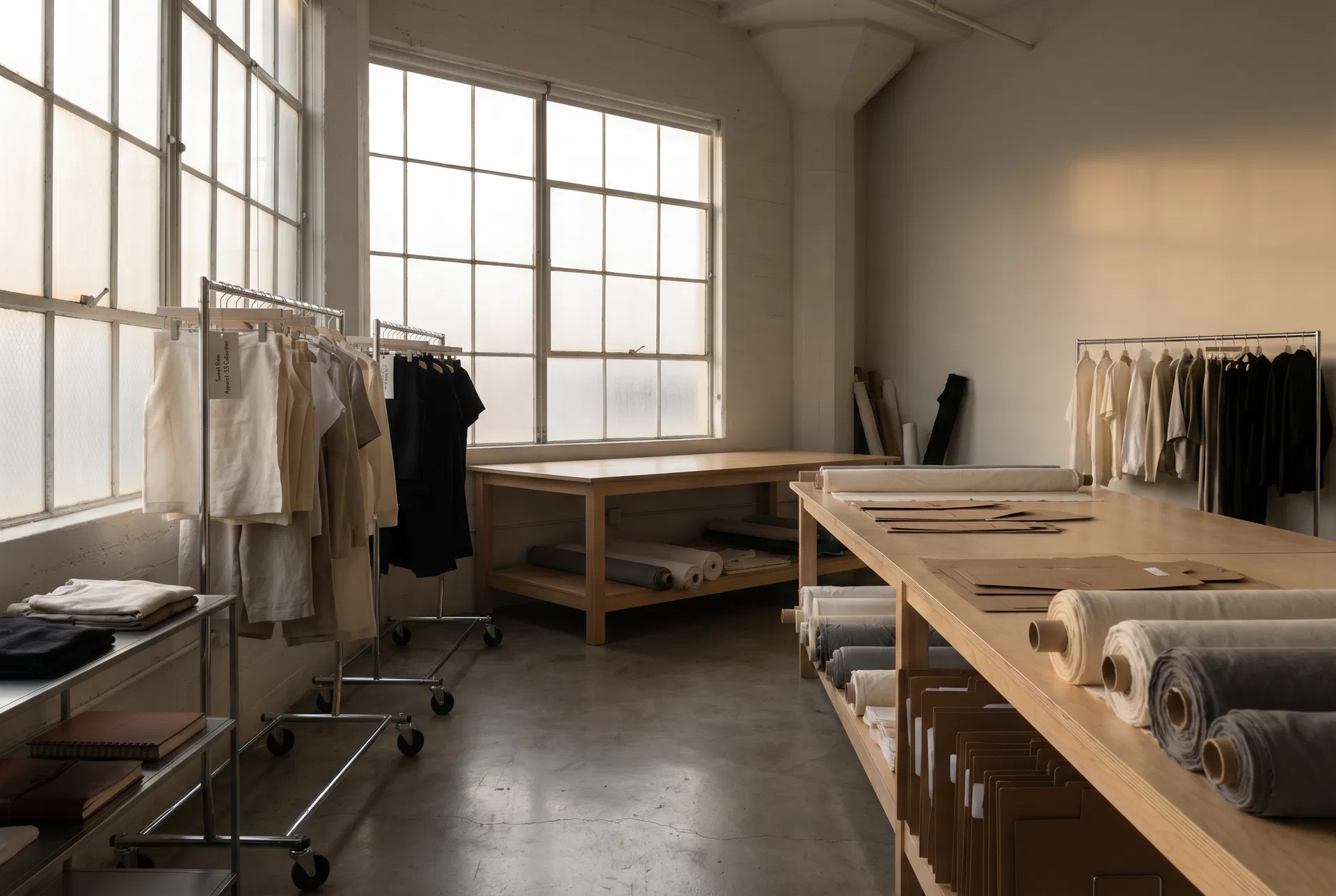 Sweet Rain Apparel production studio with garments and cutting tables