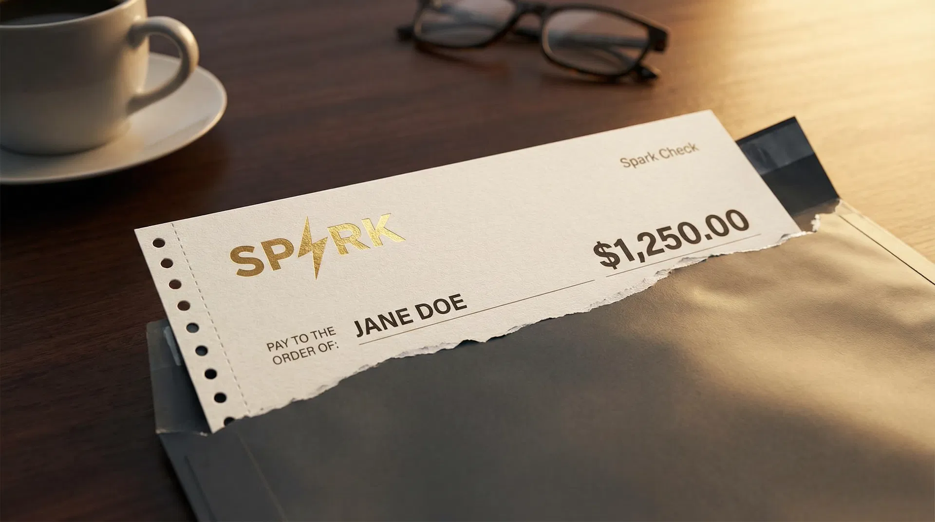 Spark Check sample — personalized rebate check in a Snap Pack