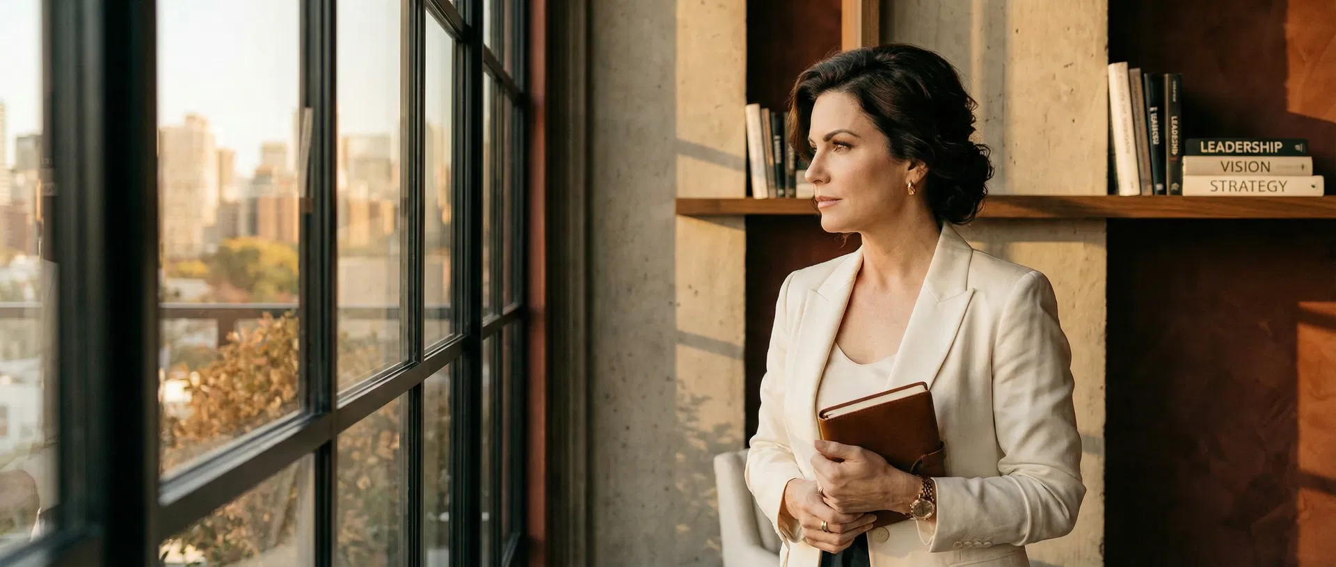 Professional woman looking out window in modern office