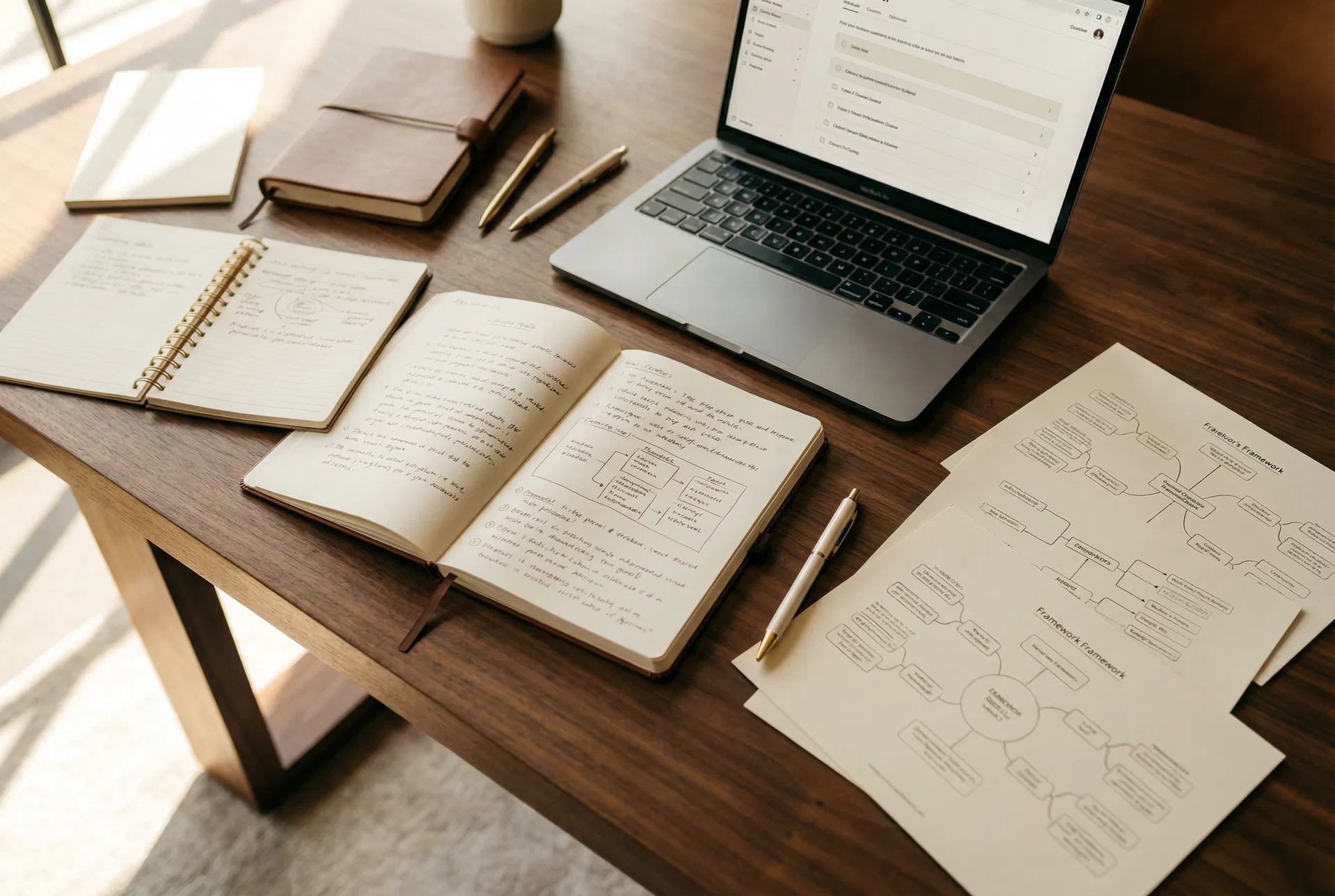 Creative workspace with notebooks and frameworks