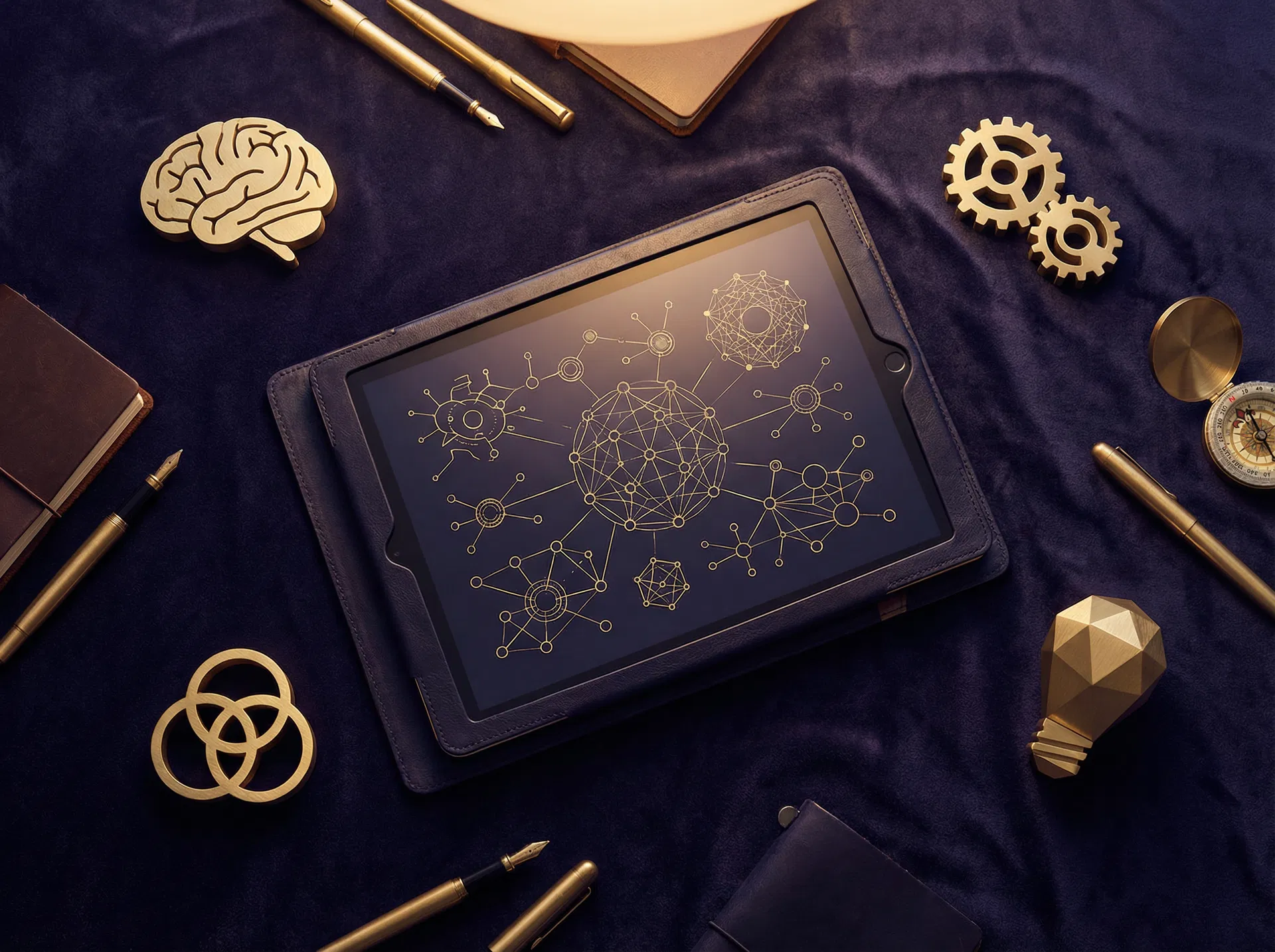AI tools guide for multibrand ecosystems — tablet displaying interconnected golden network diagrams surrounded by golden symbols of intelligence, automation, and systems thinking