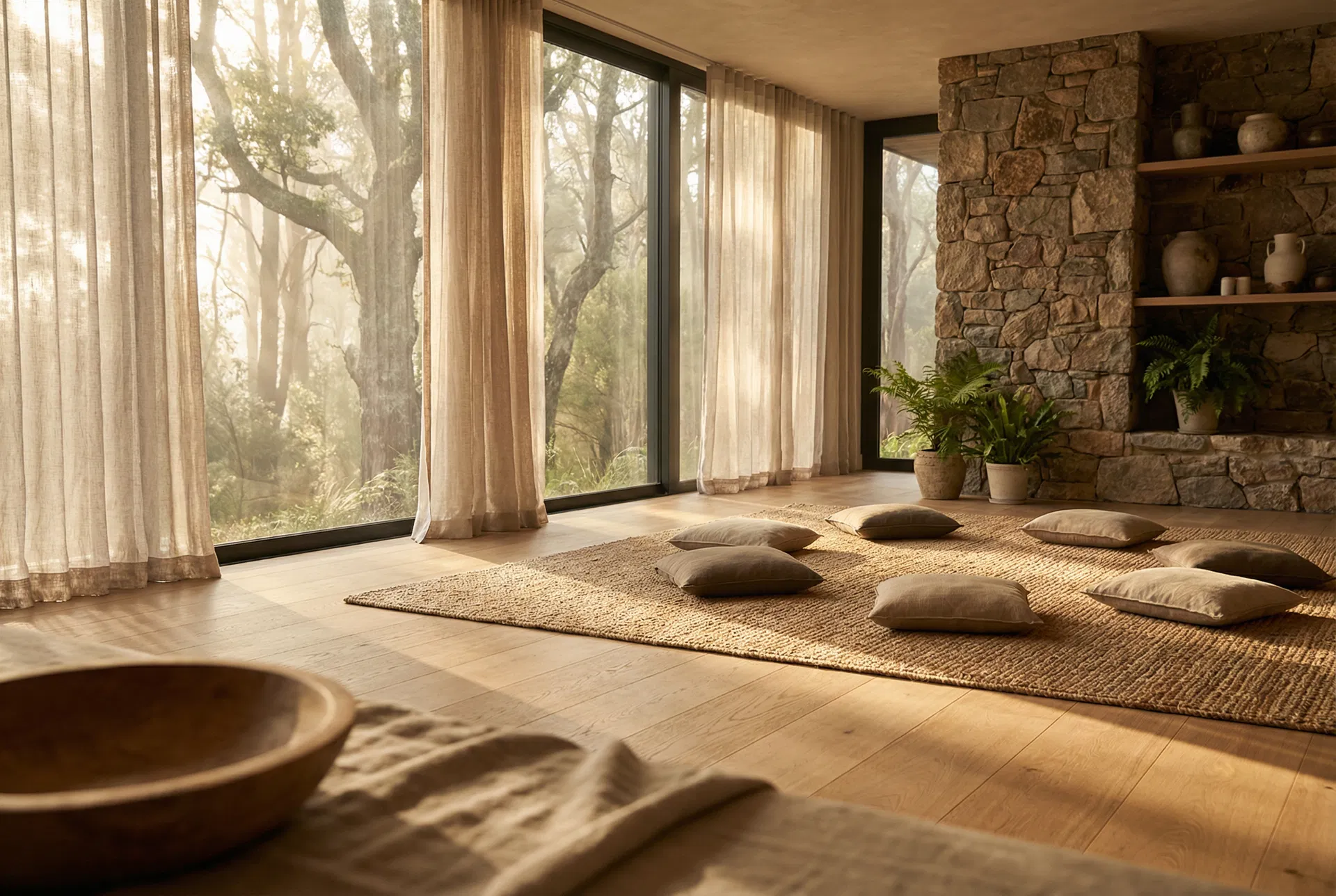 Thoughtfully curated retreat living space with warm natural tones