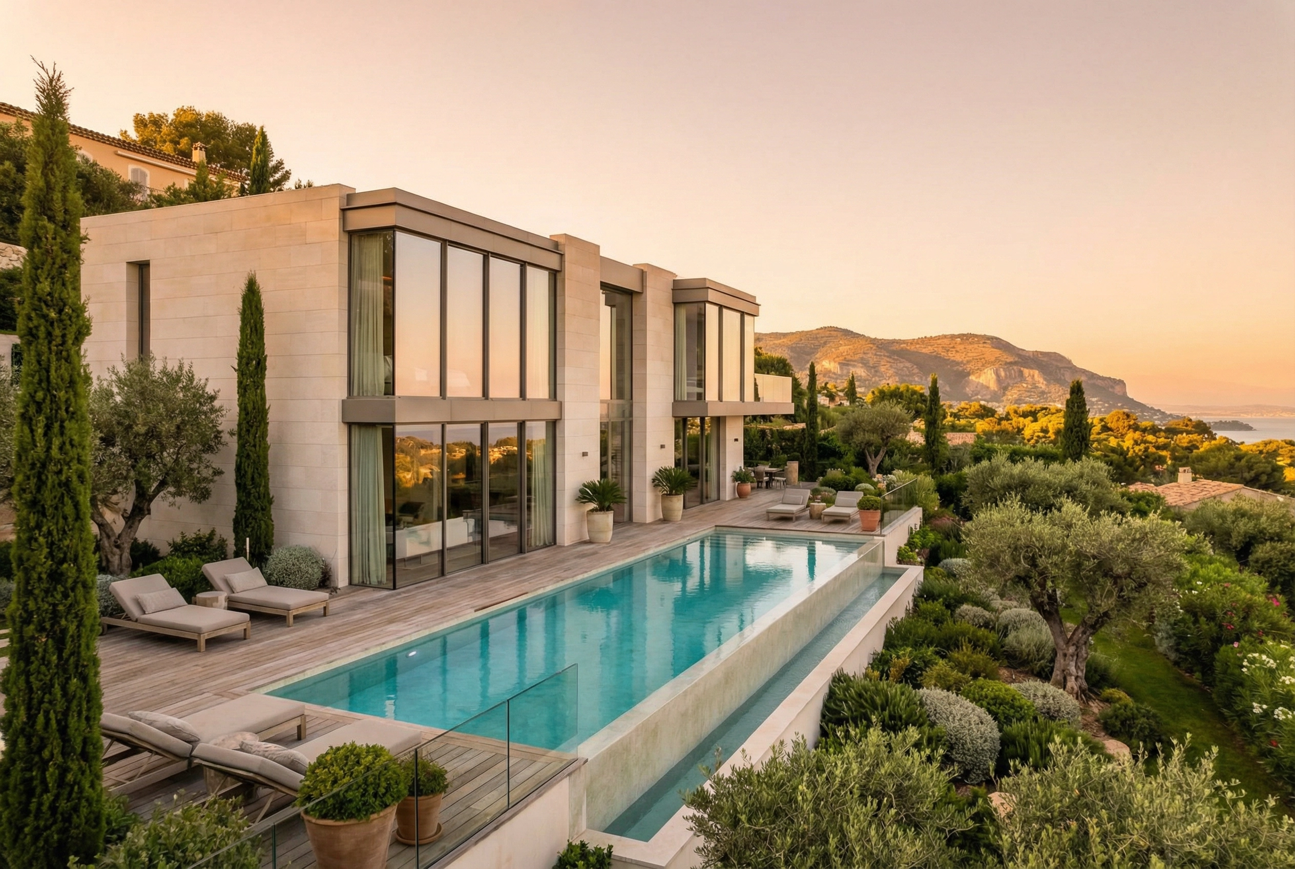 Villa avec terrasse bois et piscine, vue panoramique sur la Riviera