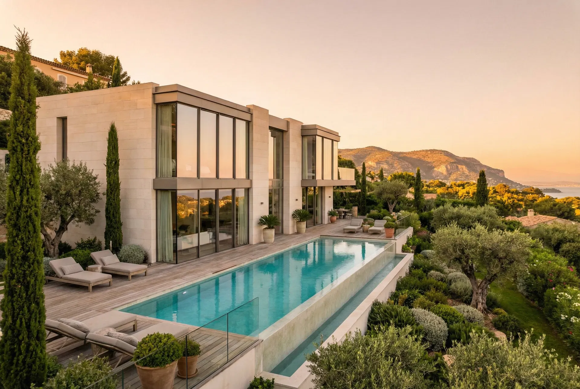 Villa contemporaine avec piscine à débordement et vue sur les collines