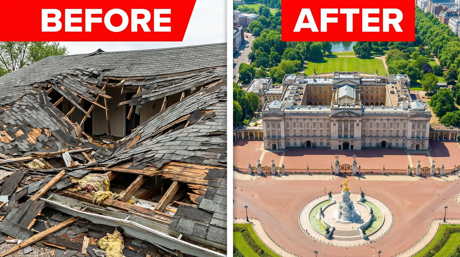 Before: destroyed roof. After: Buckingham Palace