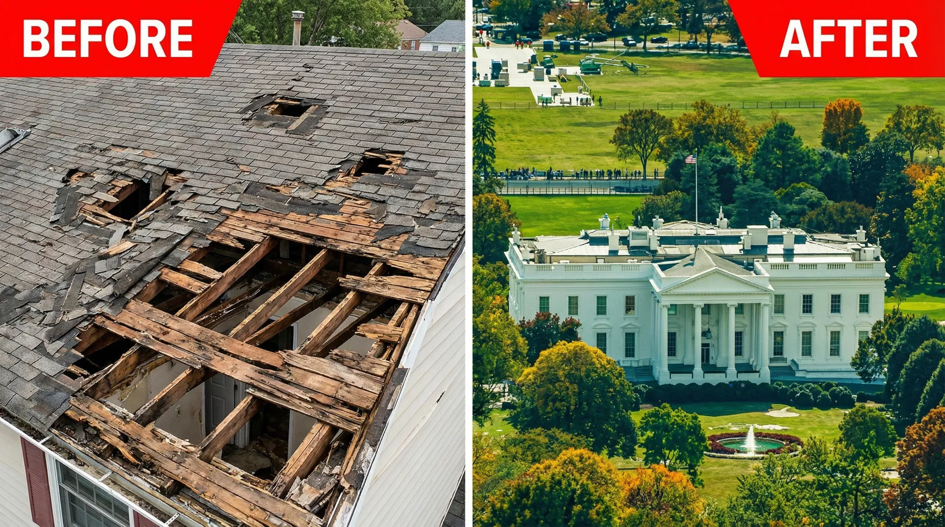 Before: destroyed roof. After: The White House