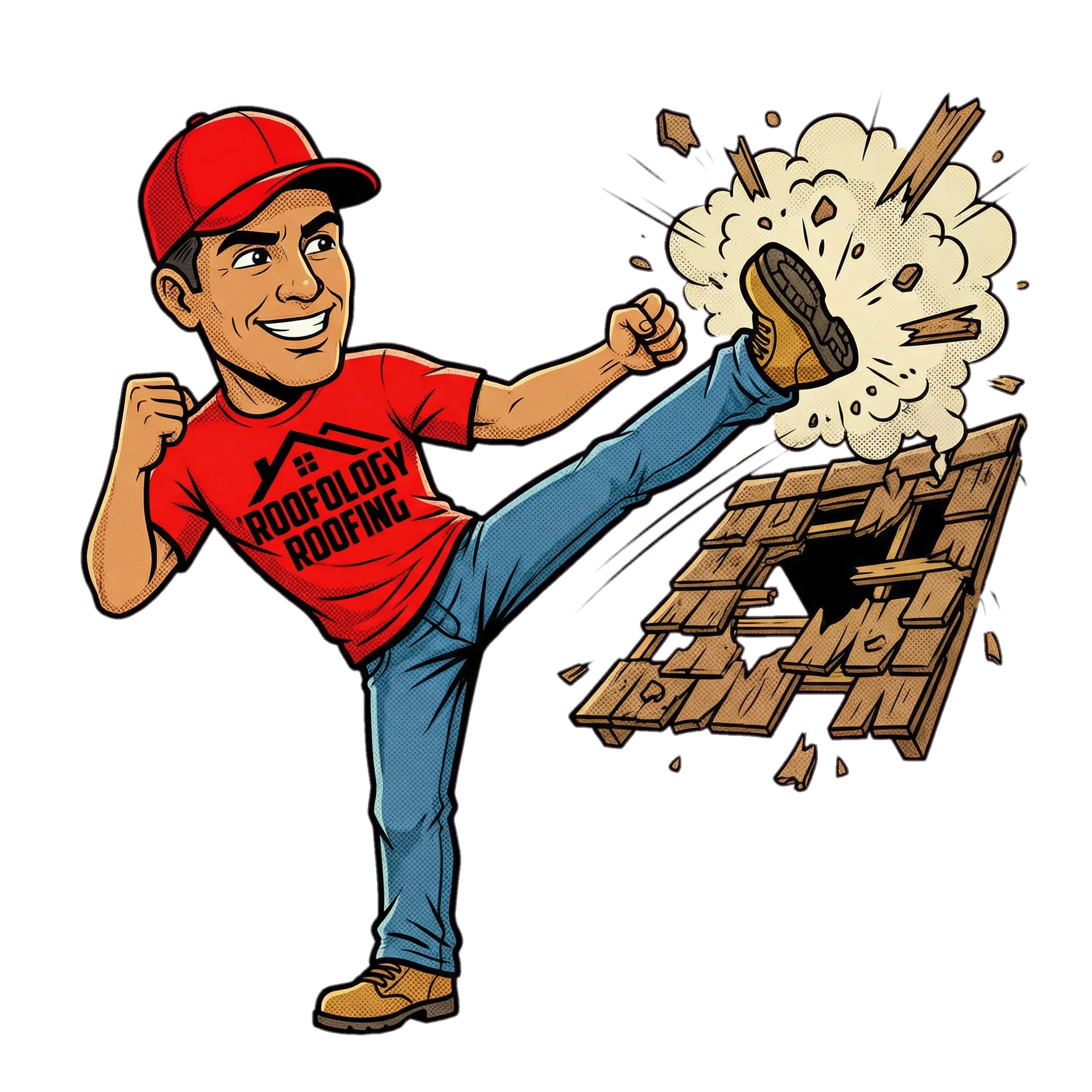 Roofology roofer kicking a shitty roof