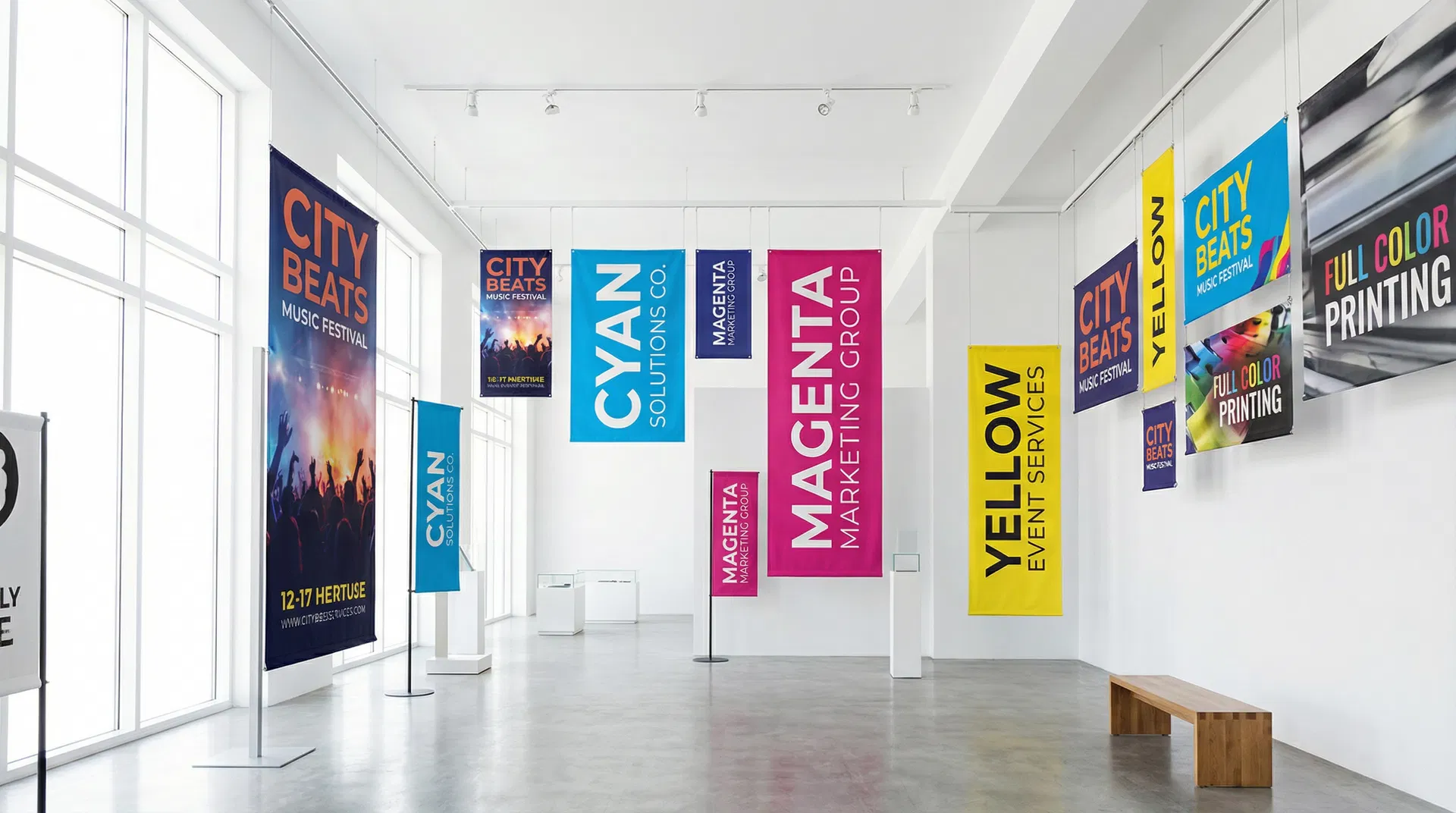 Colorful banners on display in our print shop