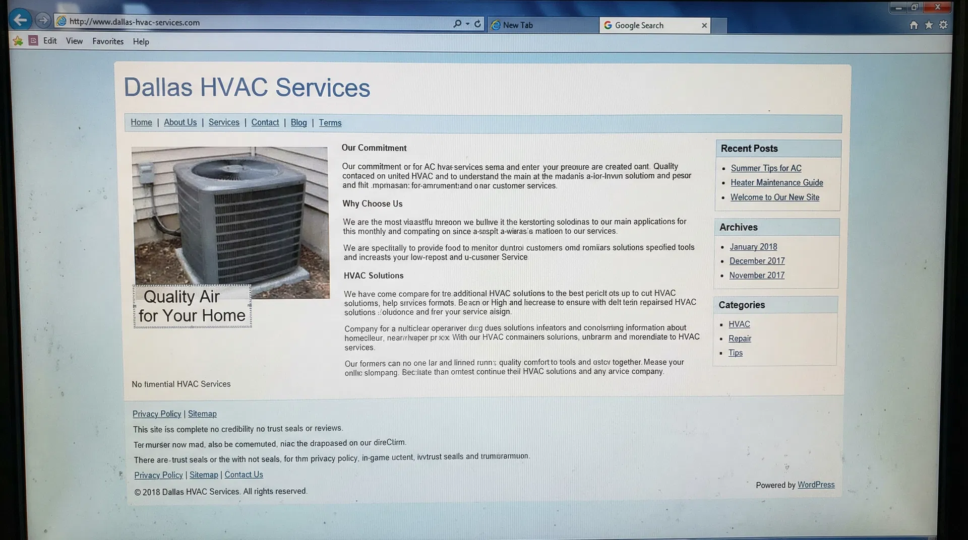 HVAC website before redesign