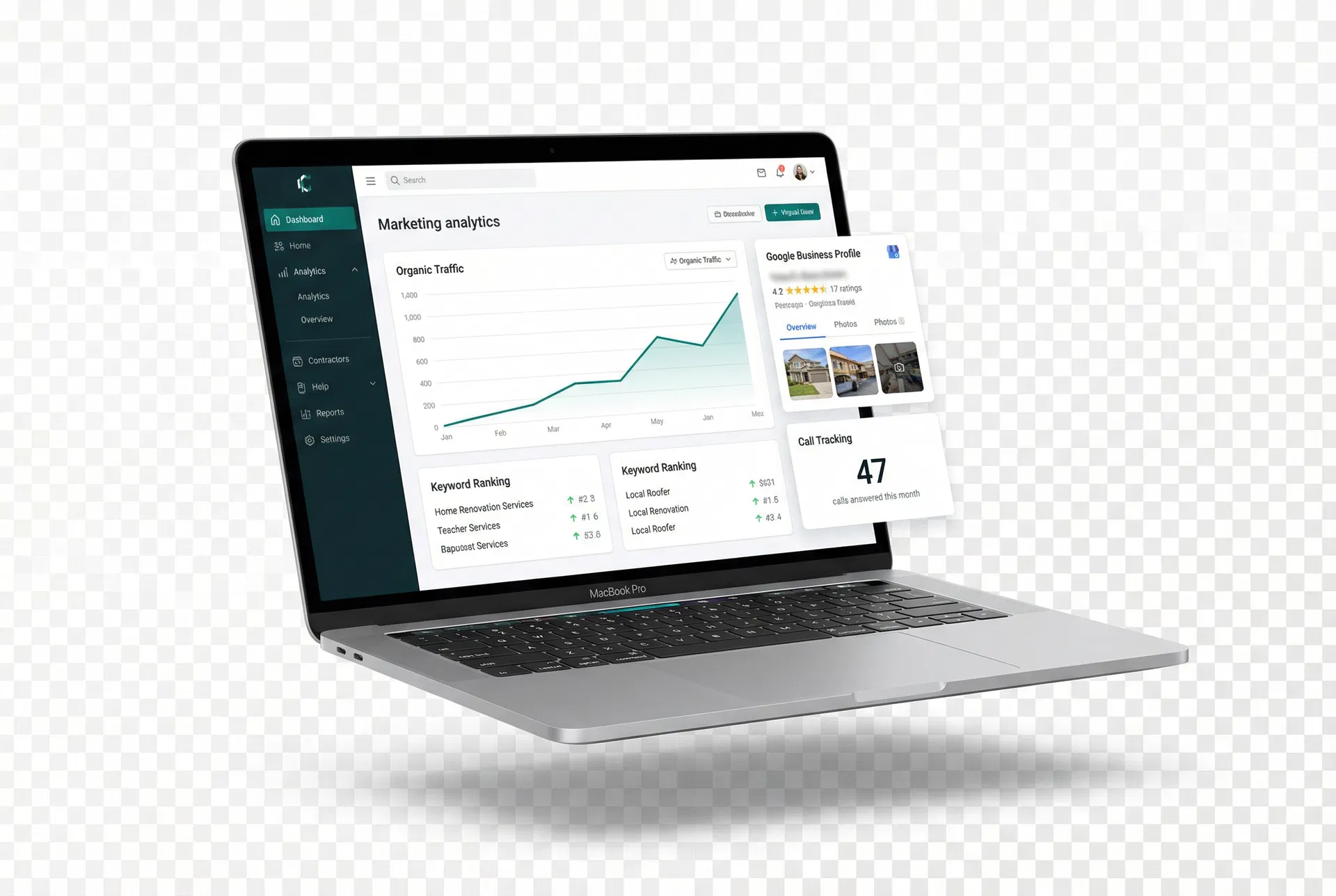 Rank Contractors AI-powered growth dashboard showing keyword rankings, organic traffic, Google Business Profile, and call tracking analytics