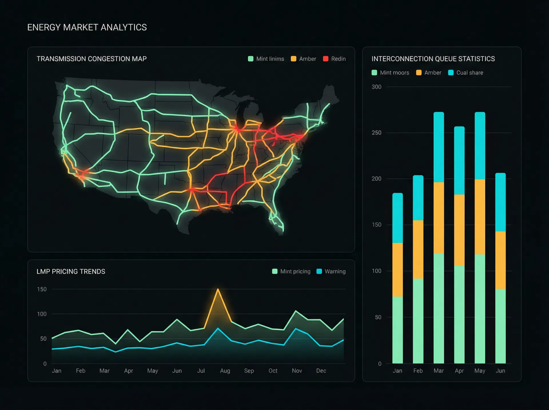 Energy market analytics dashboard showing transmission congestion, LMP pricing trends, and interconnection queue statistics