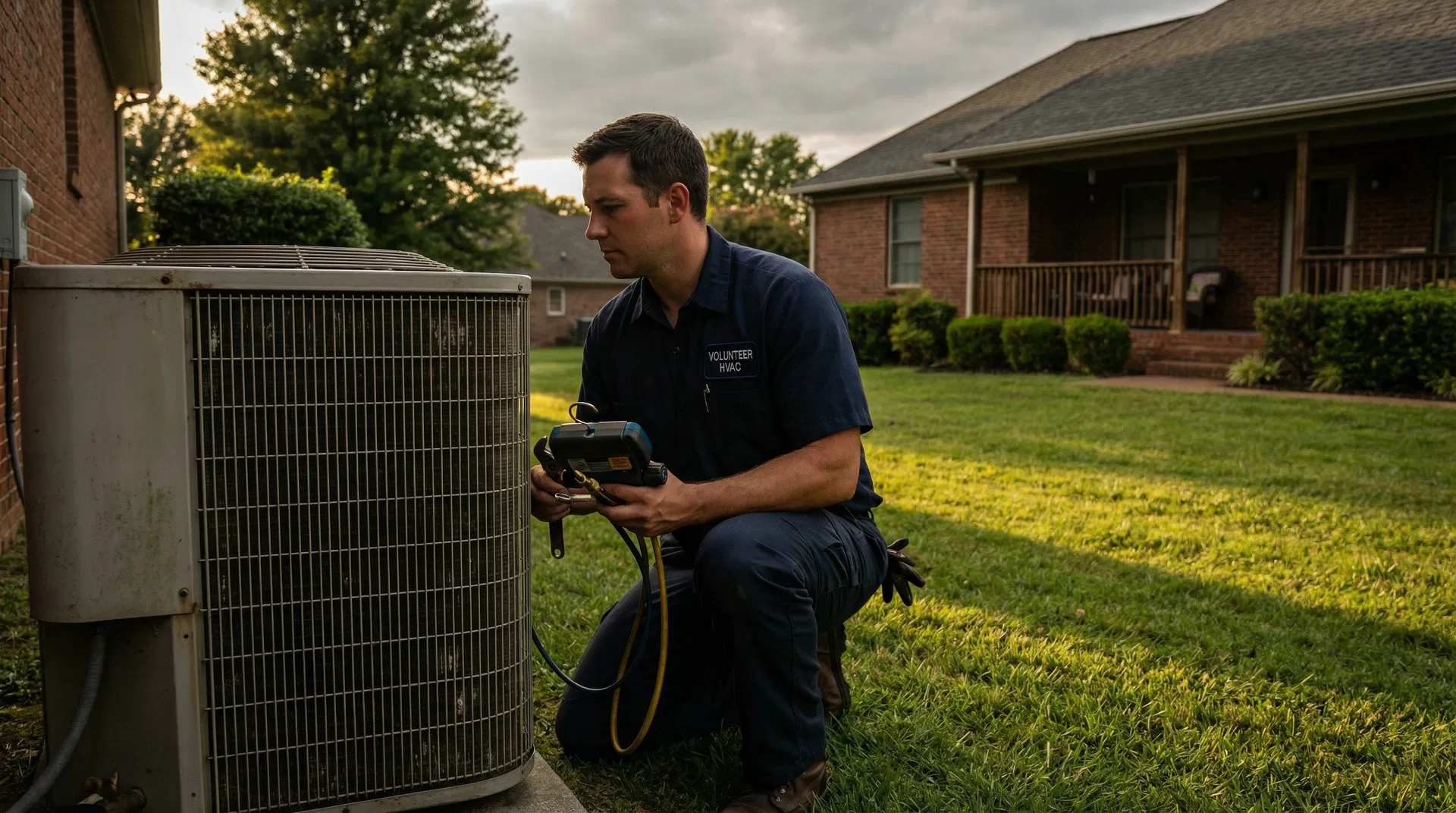 Bold HVAC technician servicing an air conditioning unit in Middle Tennessee