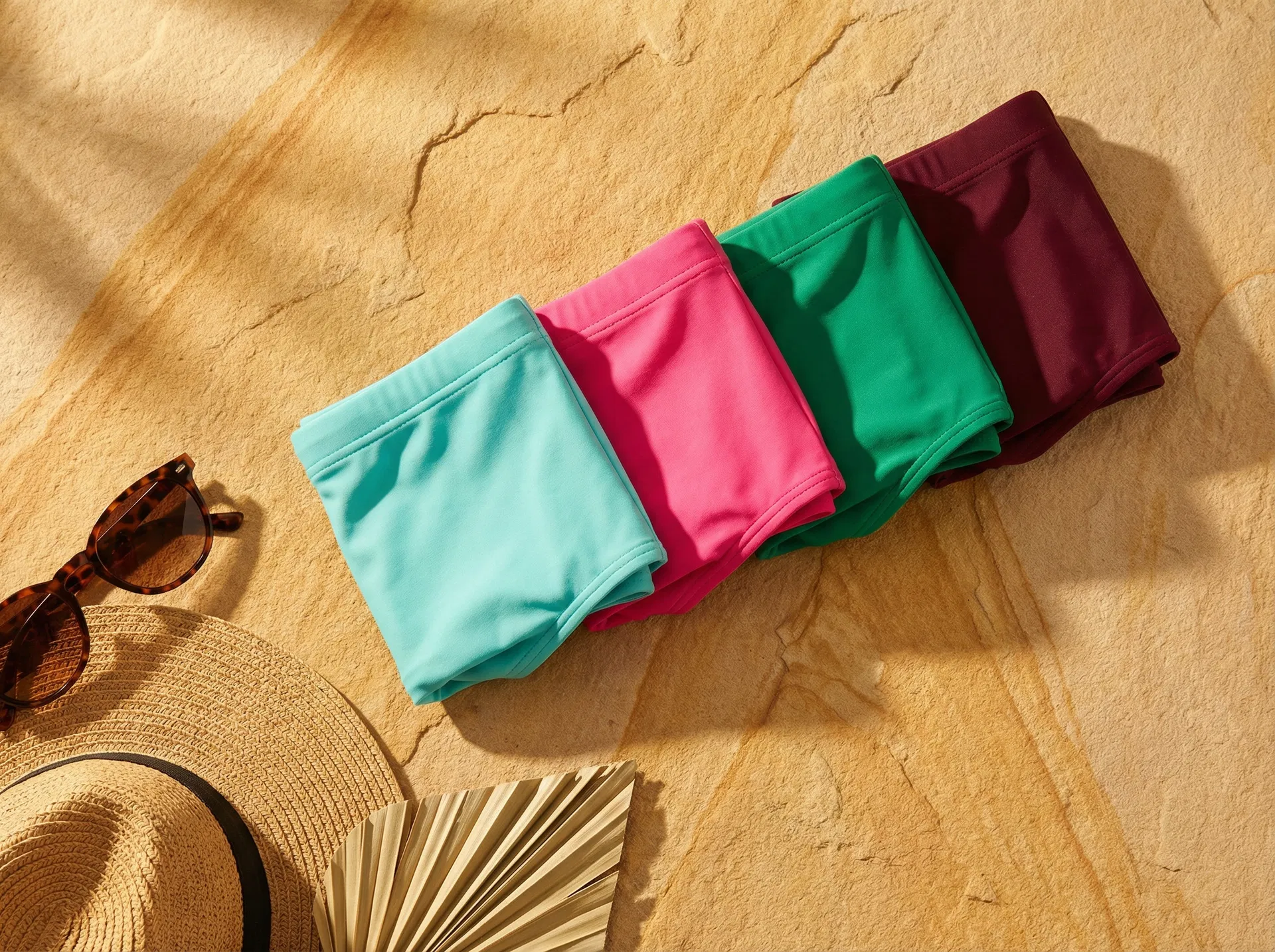 JWS swim briefs in multiple colours laid out on natural sandstone with sunglasses