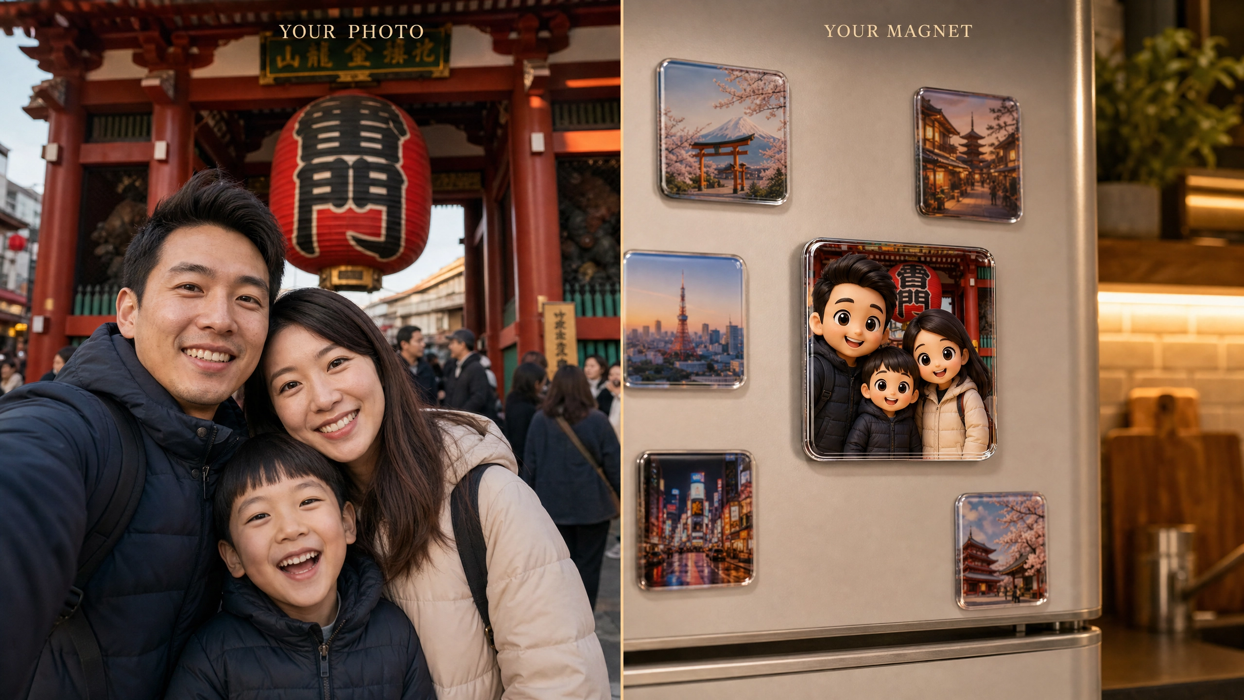 Tokyo Senso-ji Temple family photo transformed into 3D chibi art magnet on fridge
