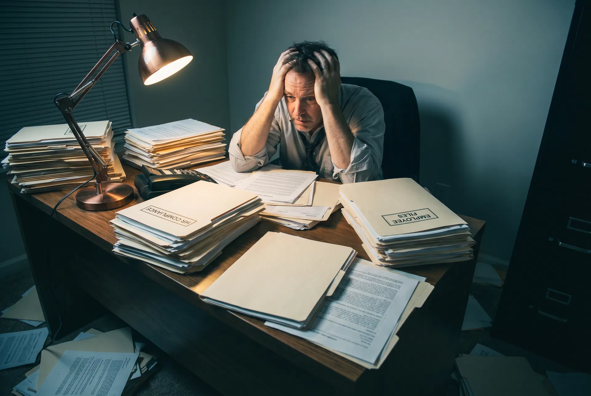 Business owner overwhelmed with HR paperwork