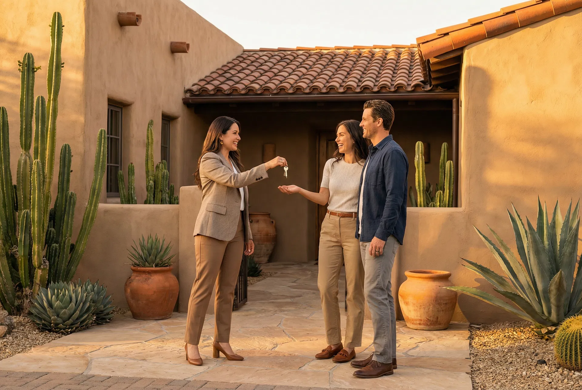 Real estate agent handing keys to happy clients
