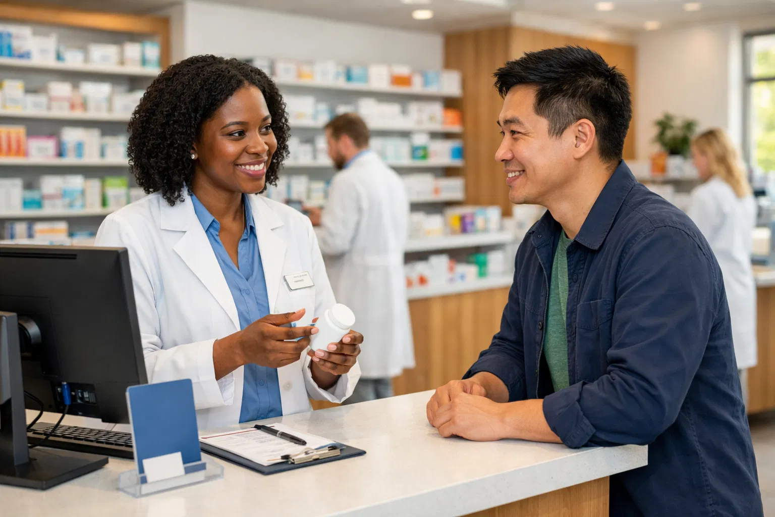 Diverse pharmacy team providing patient care