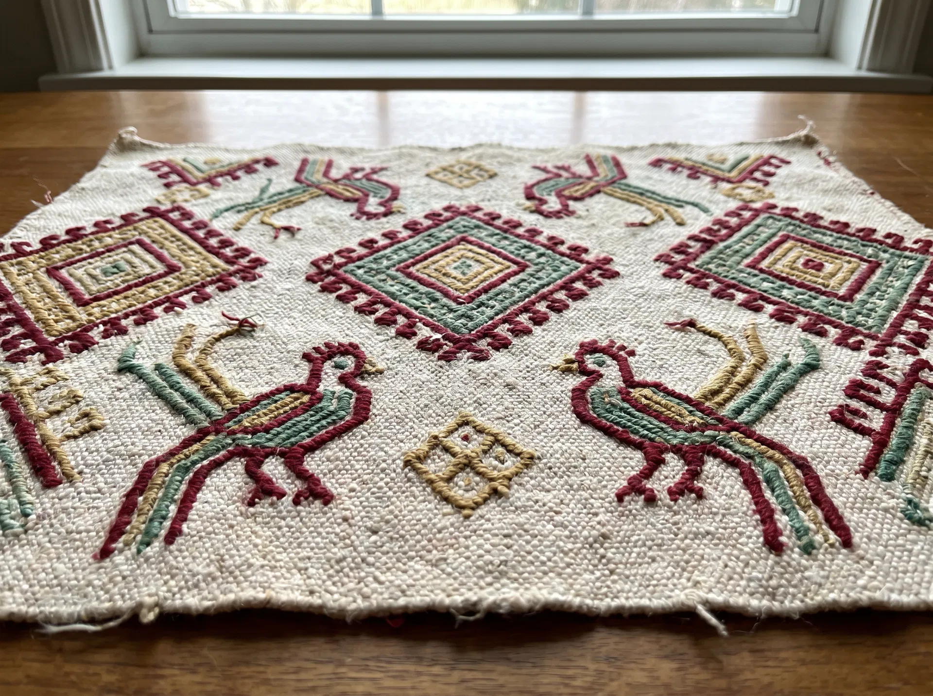 Guatemalan Maya textile with quetzal bird and diamond motifs