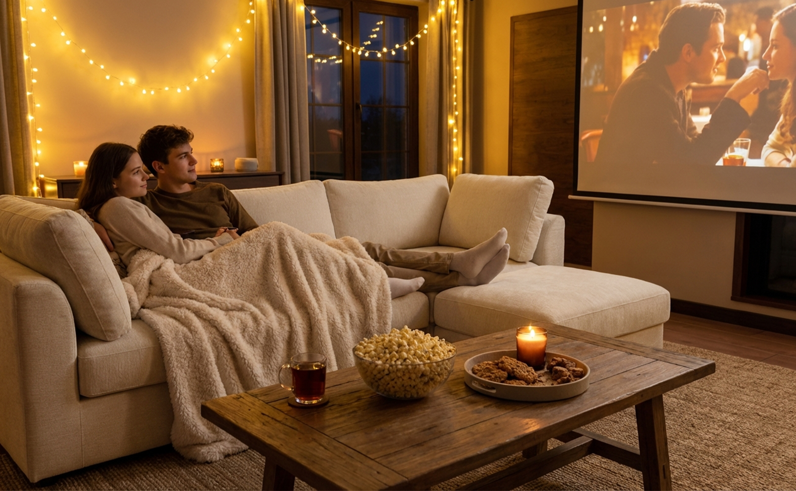 Cloud sectional couch lifestyle scene with couple relaxing in cozy living room