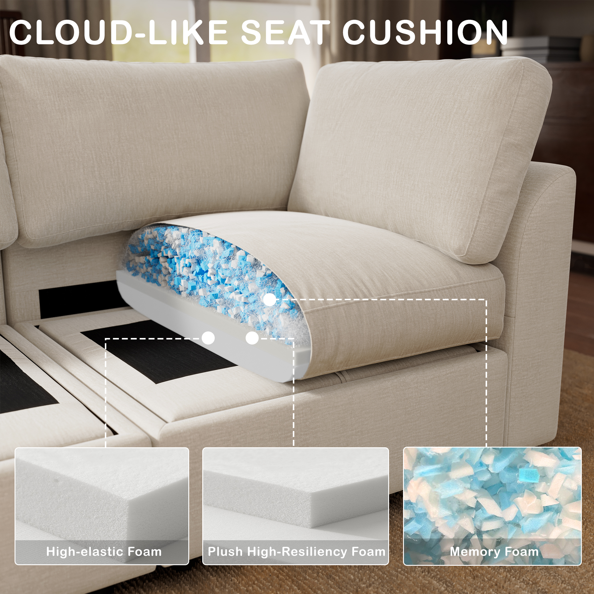 Cloud sectional couch cloud-like seat cushion with high-elastic and memory foam layers