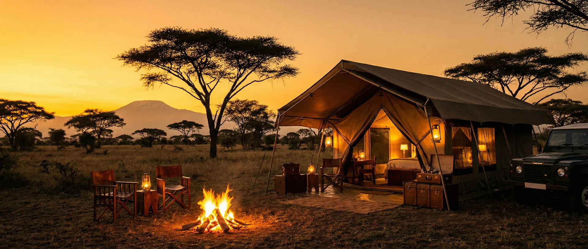 Safari camping in Tanzania at golden hour