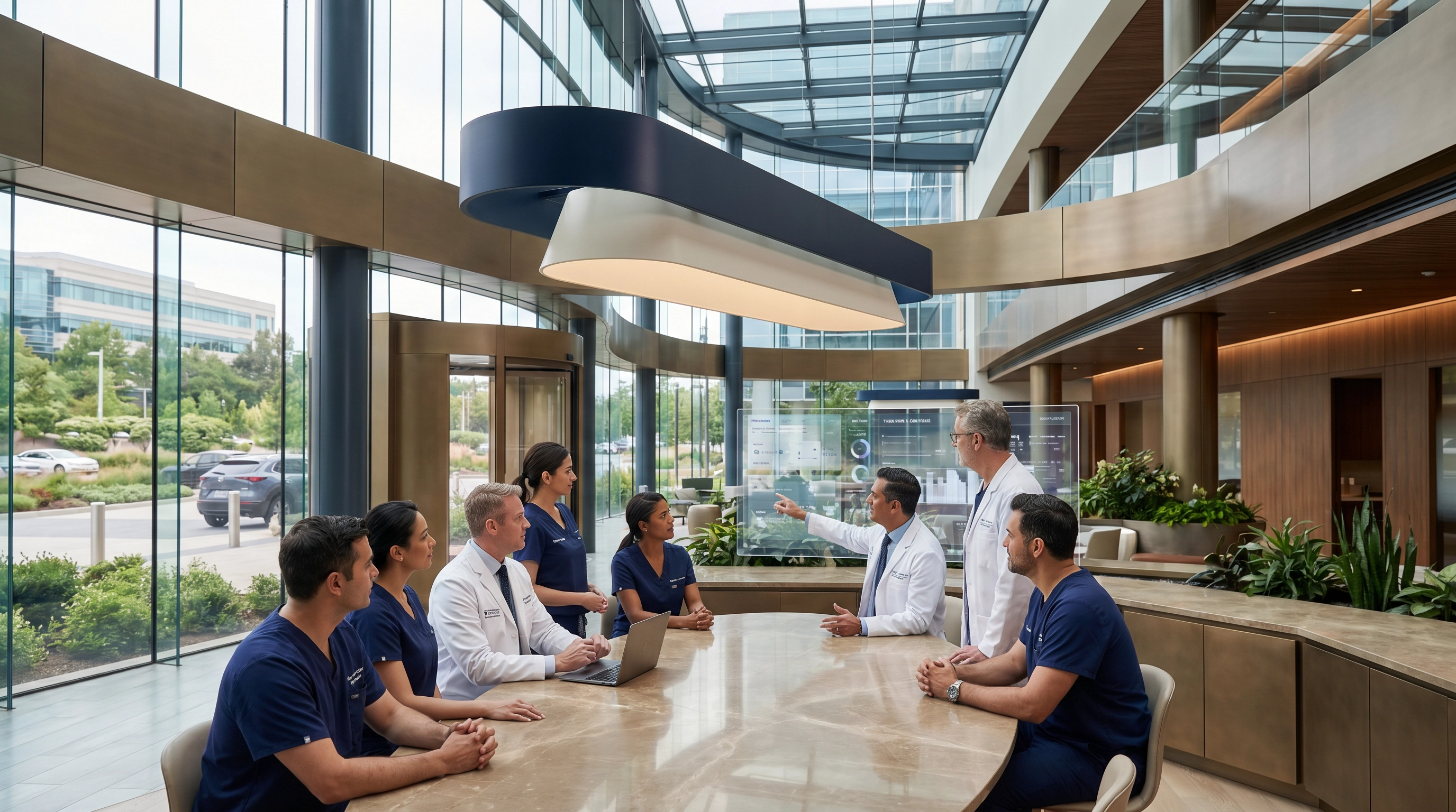 Cinematic editorial photograph of ZMD Group headquarters: a Beverly Hills physician-led healthcare platform building, soft daylight, bone-white interior, midnight navy facade