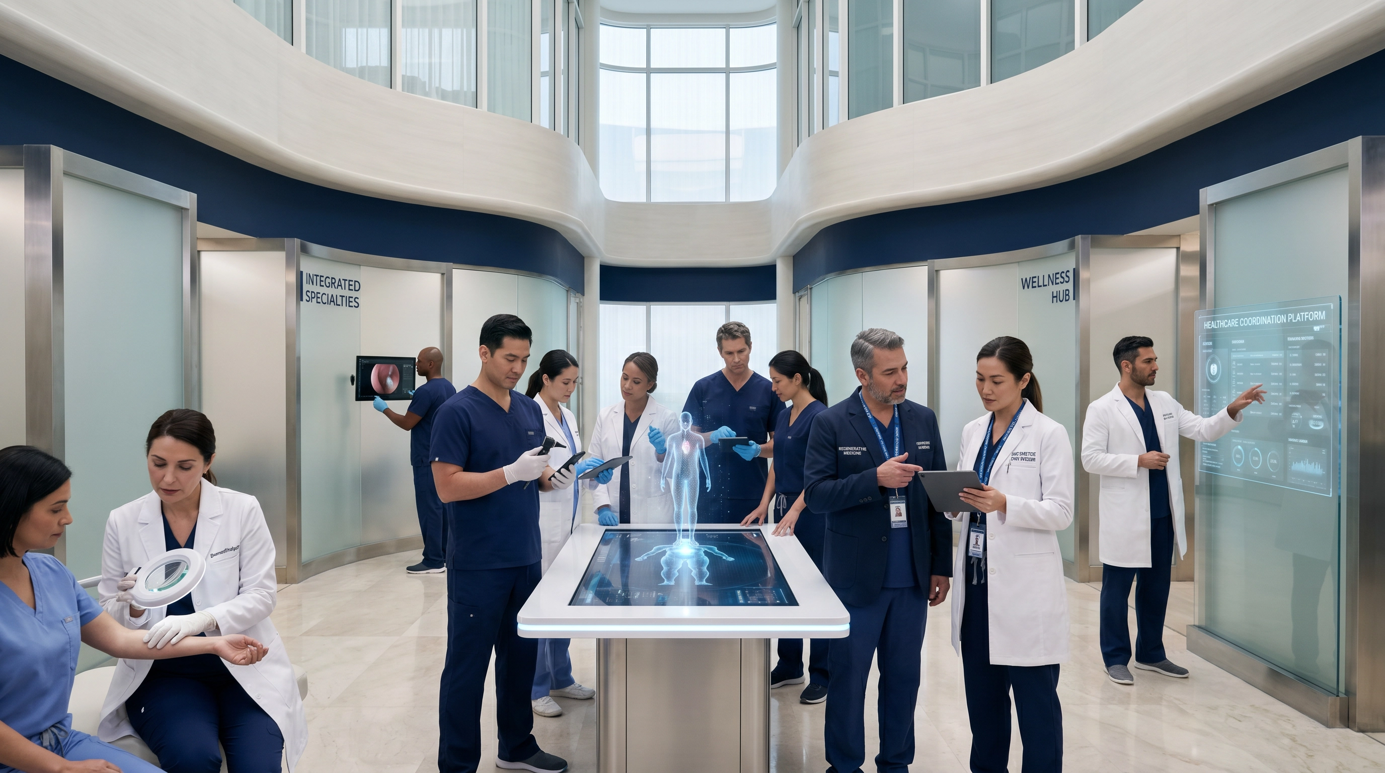 Editorial photograph: integrated healthcare ecosystem at ZMD Group, multi-specialty platform connections, midnight navy and bone white tones