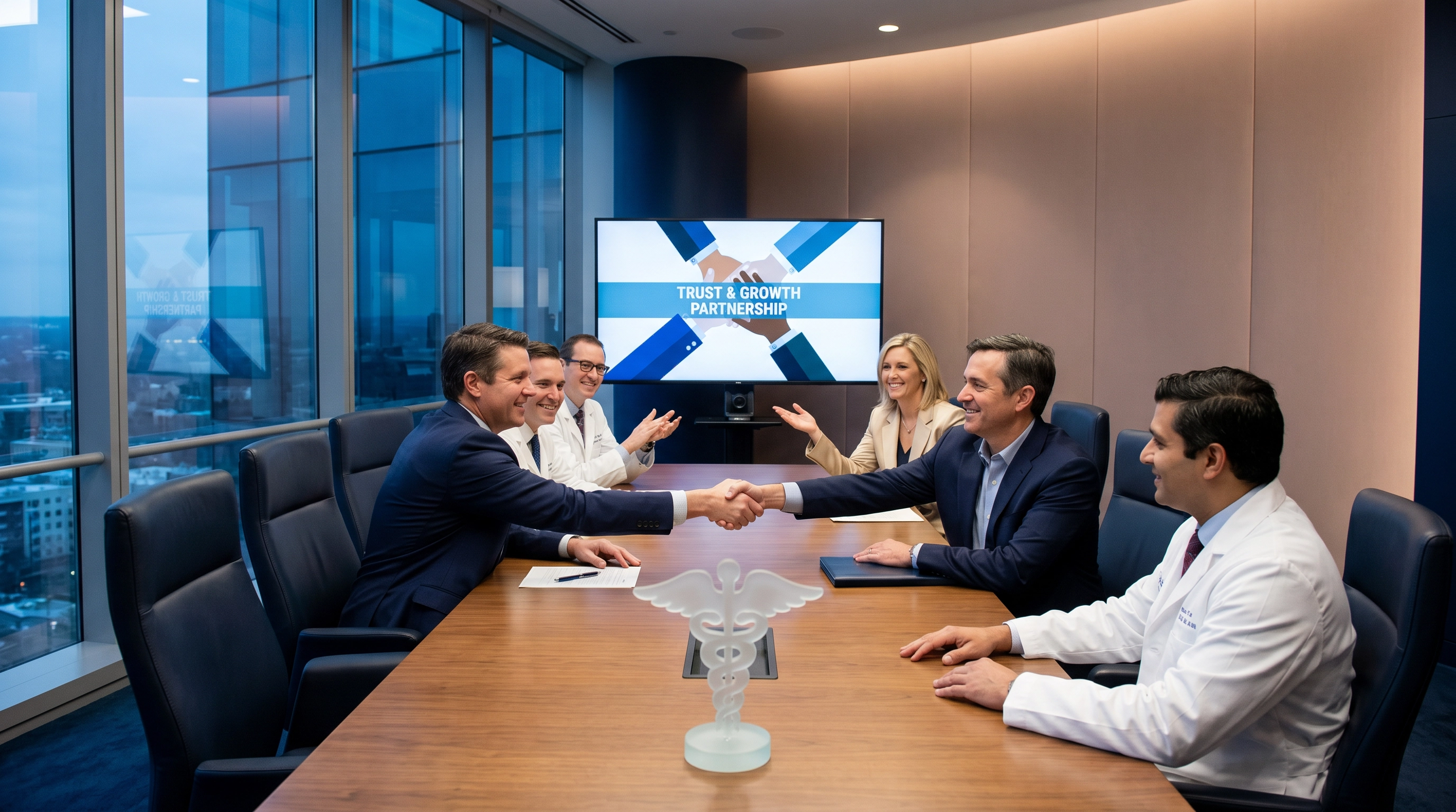Editorial photograph: physician partnership and acquisition process, midnight navy and champagne taupe handshake composition