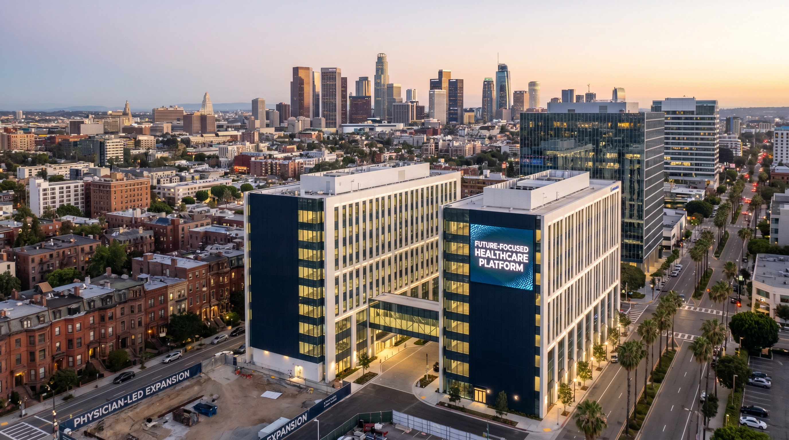 Editorial photograph: California to Boston healthcare expansion, golden hour Pacific coast skyline contrasting with Boston brick research-hospital architecture