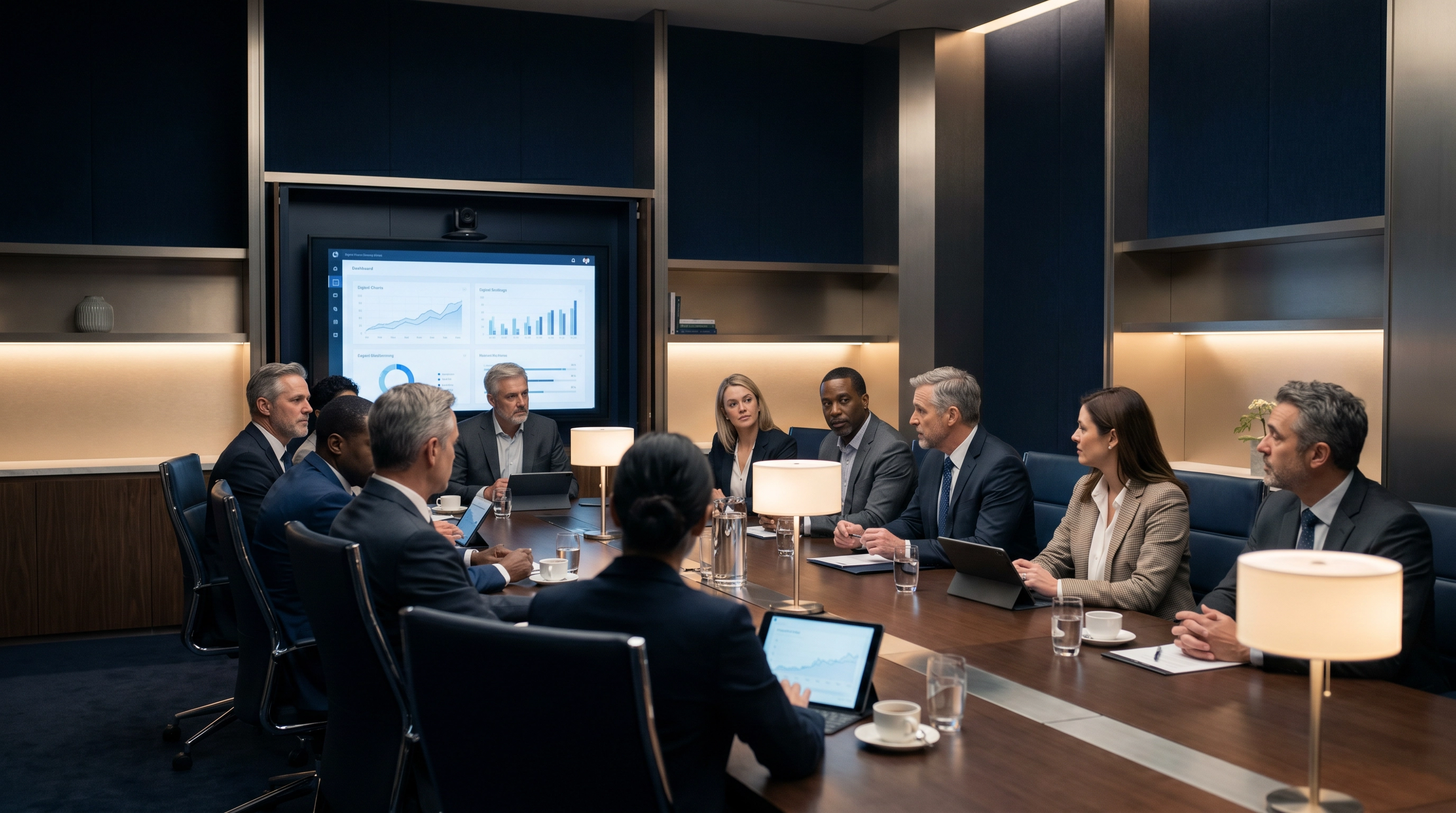 Editorial photograph of ZMD Group leadership boardroom: midnight navy walls, bone white linen drapery, soft natural light through tall windows