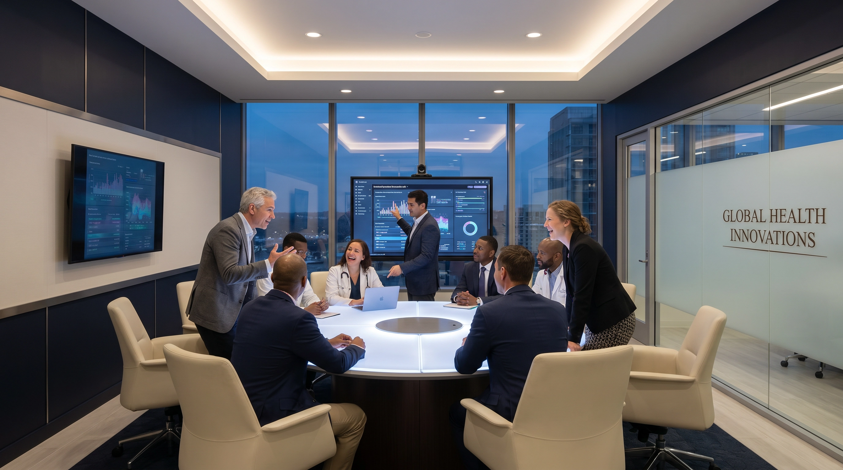 Editorial photograph: ZMD Group physician culture and operating environment, soft daylight, midnight navy and bone white interior
