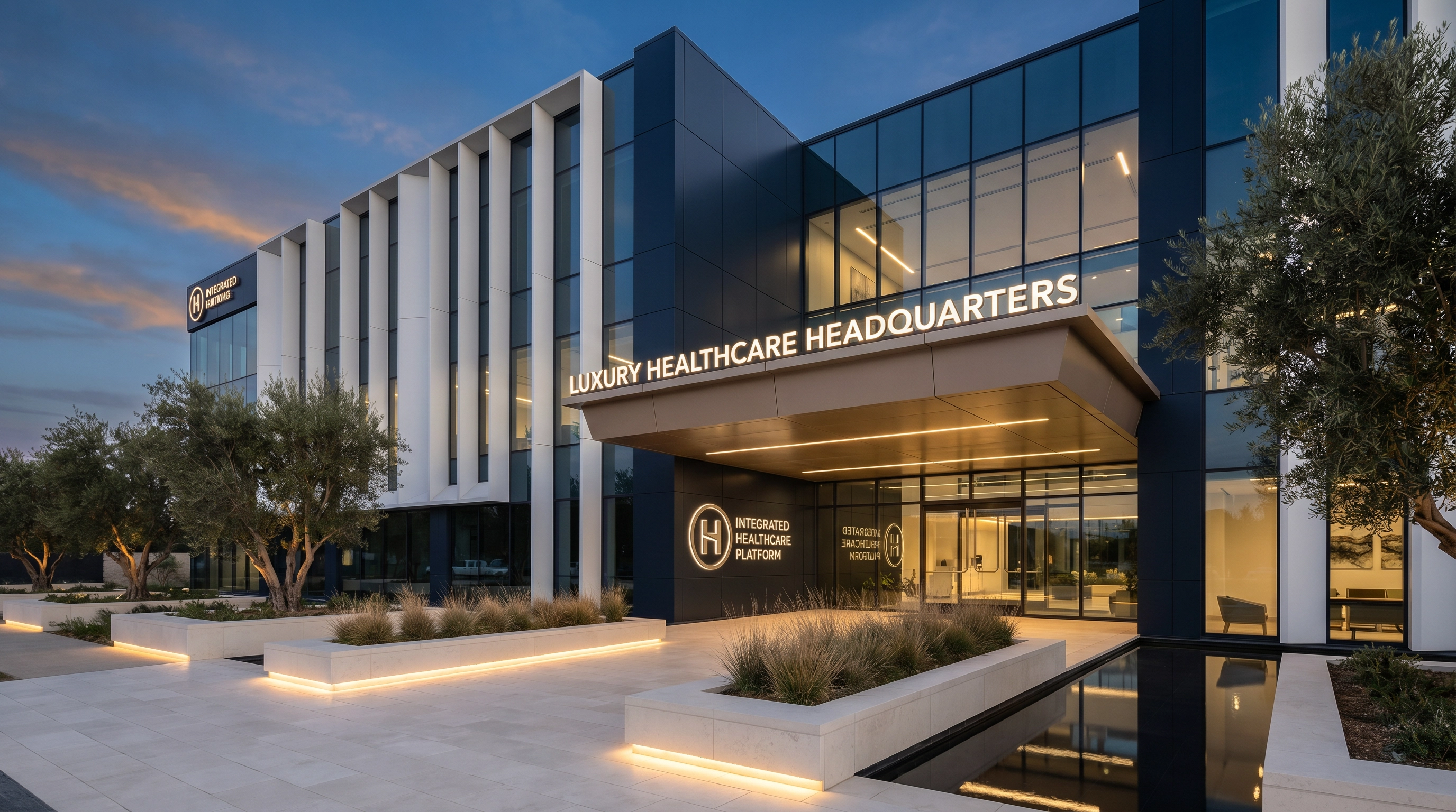 Editorial photograph: ZMD Group Beverly Hills headquarters facade, soft natural light, midnight navy stone and bone white interior visible through tall windows