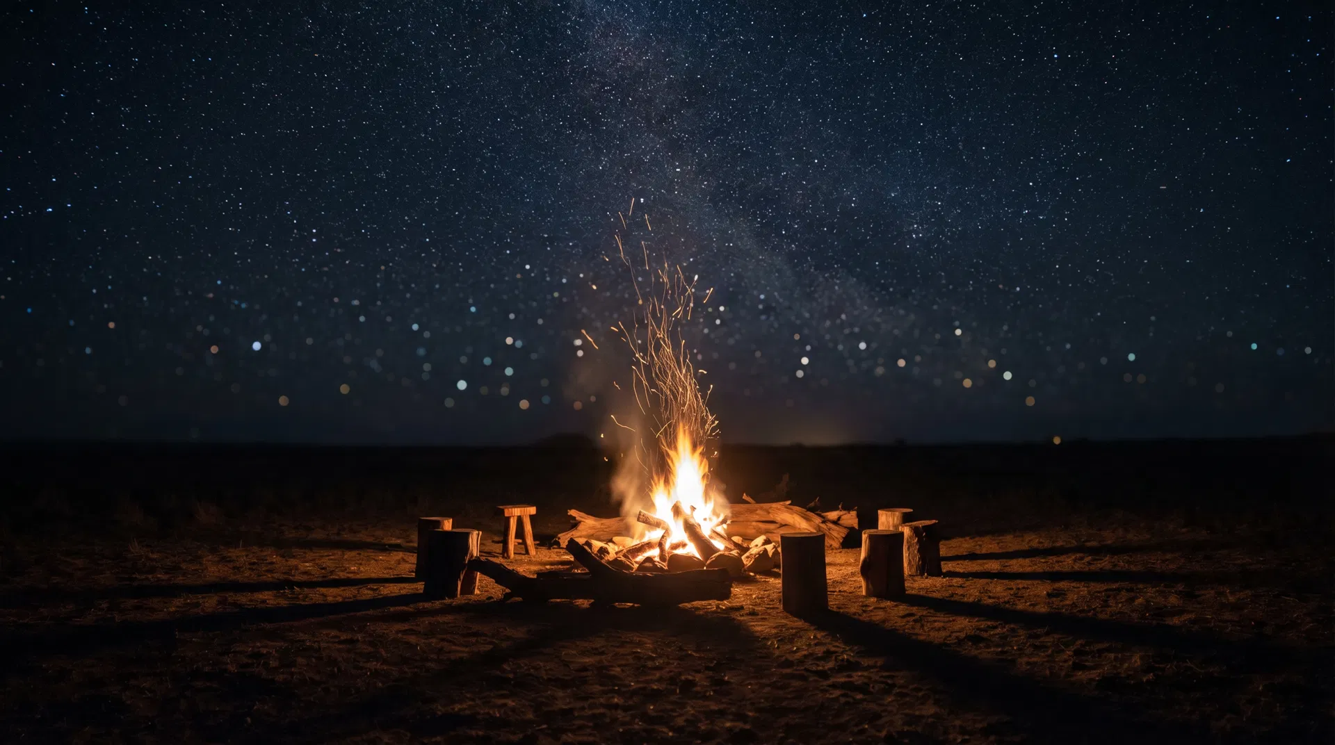 Intimate campfire under starlit sky