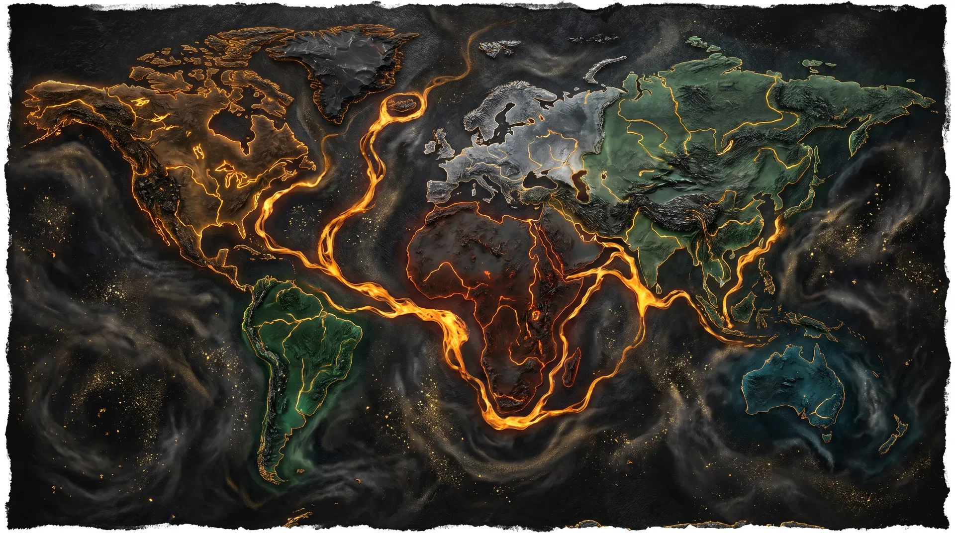 Abstract world map in obsidian and gold