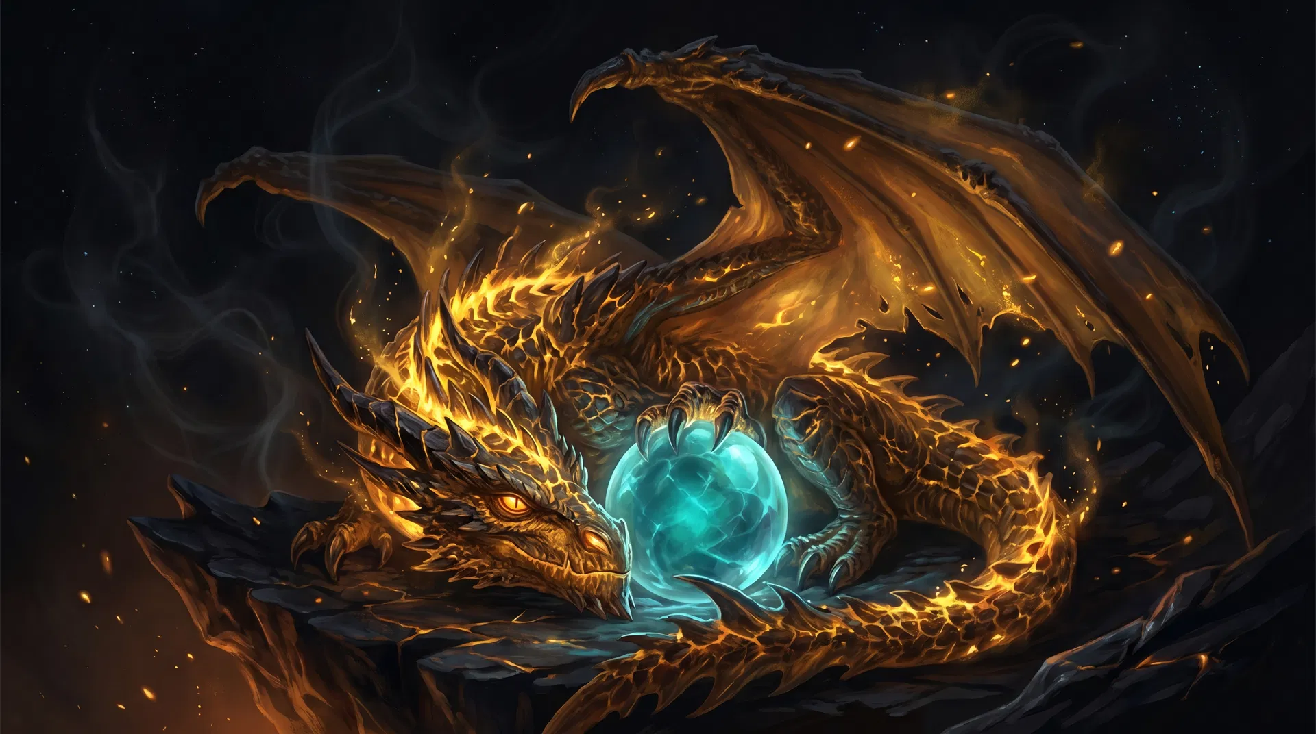 Guardian fire dragon protecting a teal crystal orb