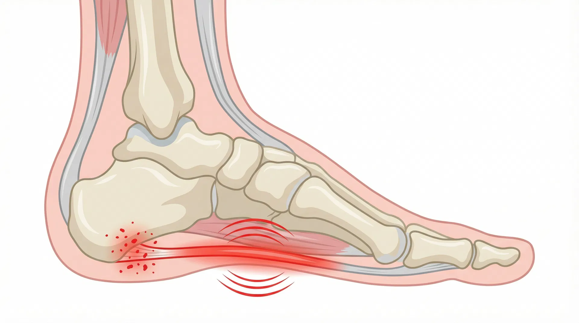 Anatomical diagram of a foot showing strained and inflamed plantar fascia
