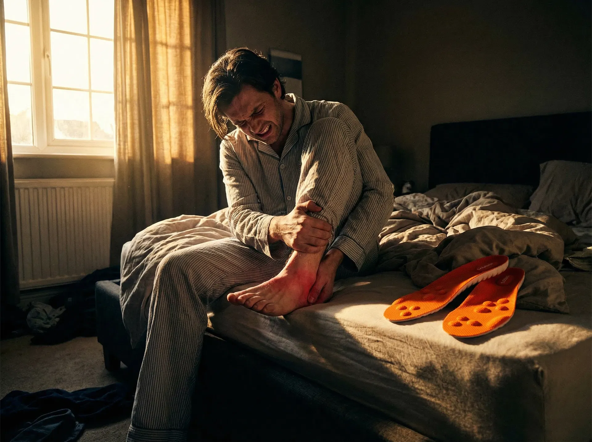 Man sitting on bed edge in morning pain clutching his foot from plantar fasciitis with Stepprs insoles beside him