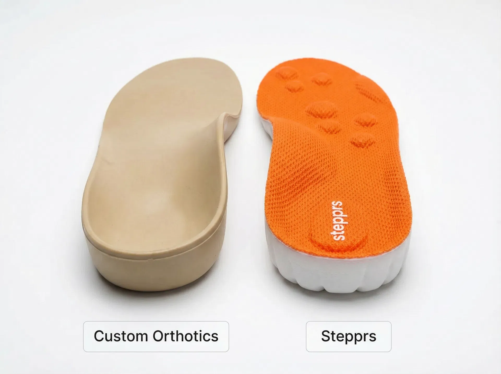 Side-by-side comparison of expensive custom orthotics versus Stepprs massage insoles