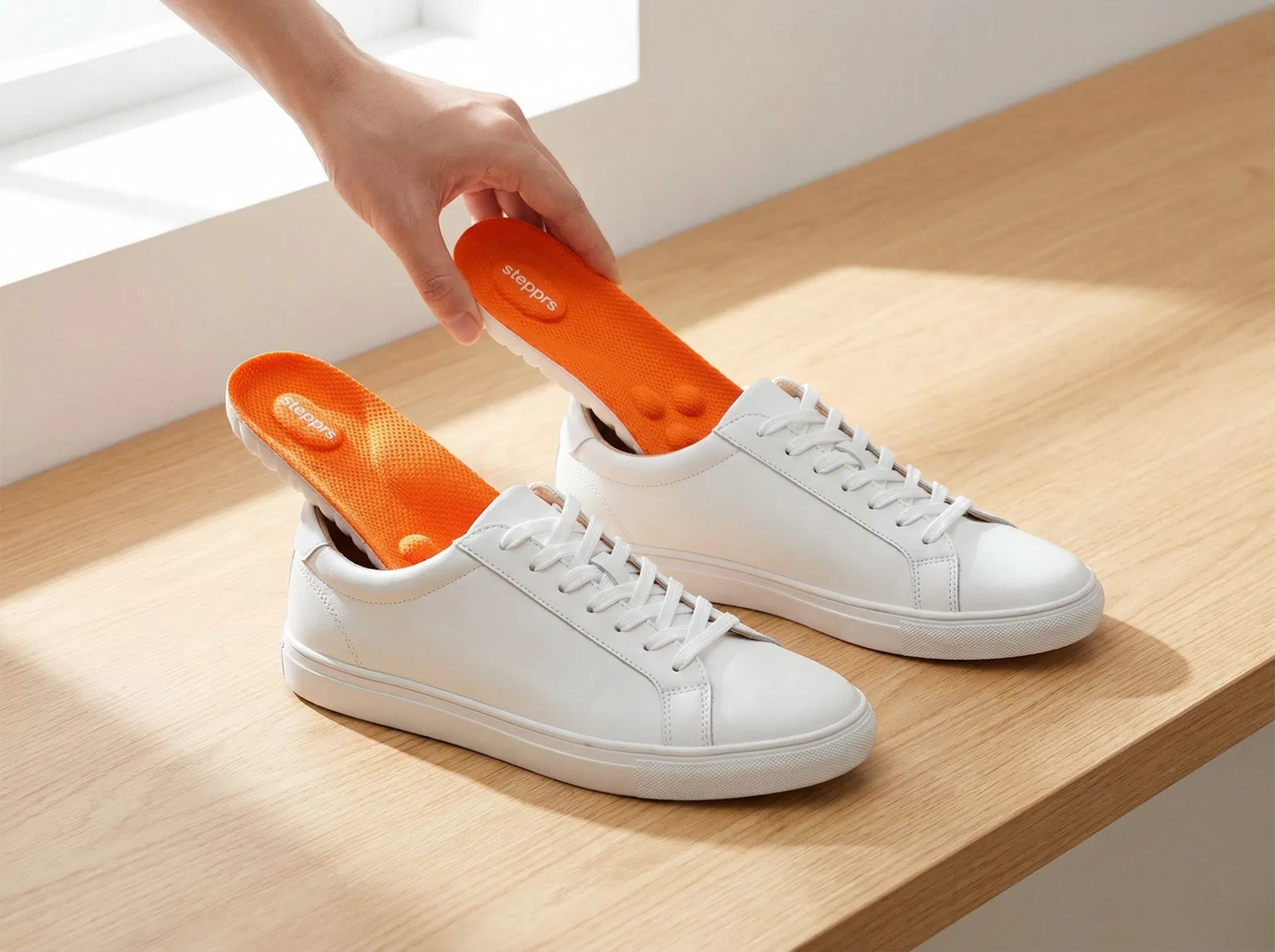 Stepprs insole being inserted into a white sneaker