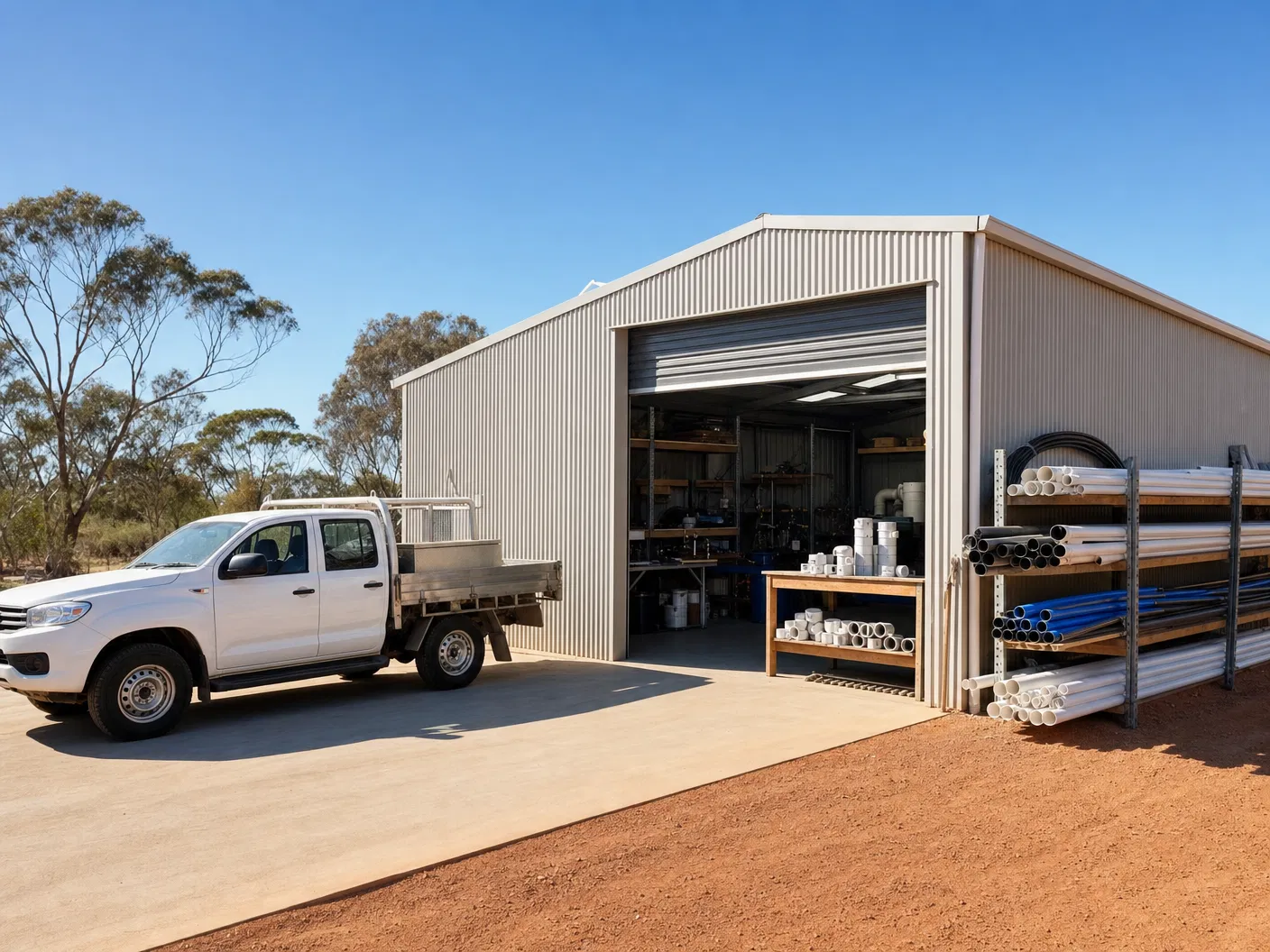 Tidy regional plumbing workshop with a white work ute and organised pipe racks